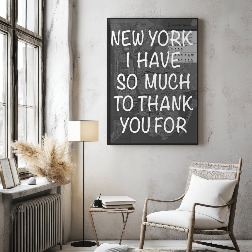 New York City Subway Map Wall Art - Inspirational Quote Print - Framed Canvas or Gloss Paper Thank you Black and White