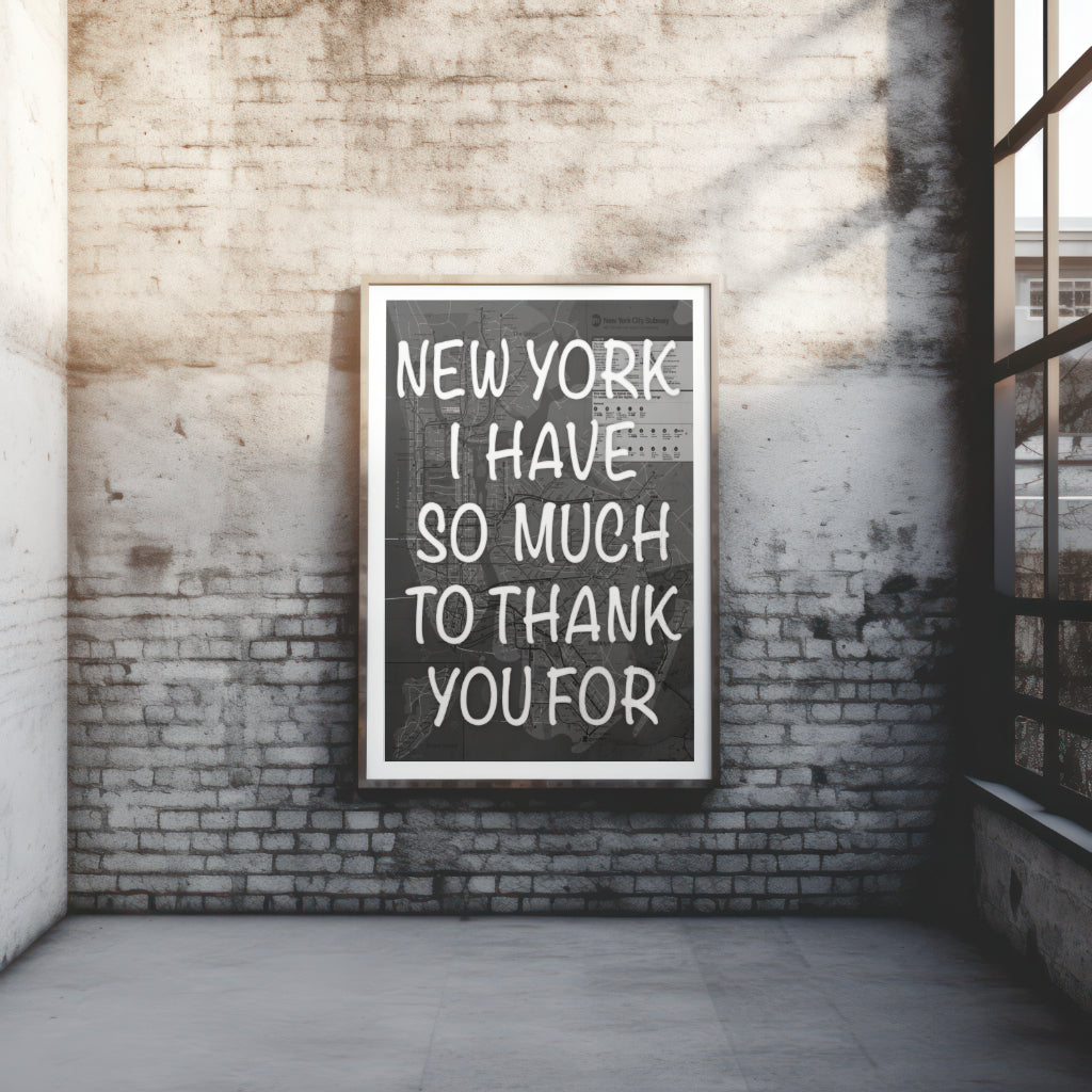 New York City Subway Map Wall Art - Inspirational Quote Print - Framed Canvas or Gloss Paper Thank you Black and White