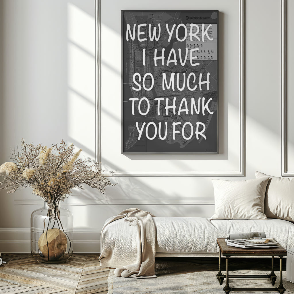 New York City Subway Map Wall Art - Inspirational Quote Print - Framed Canvas or Gloss Paper Thank you Black and White