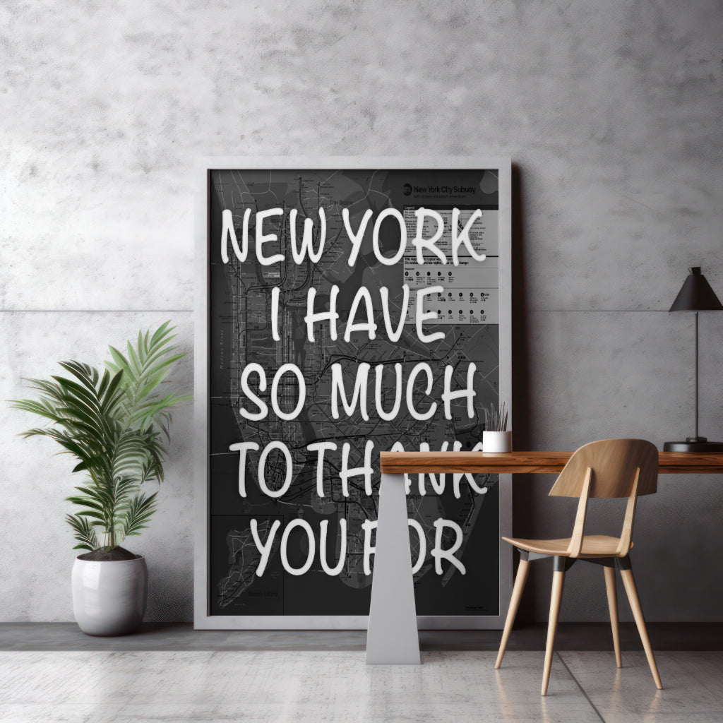 New York City Subway Map Wall Art - Inspirational Quote Print - Framed Canvas or Gloss Paper Thank you Black and White