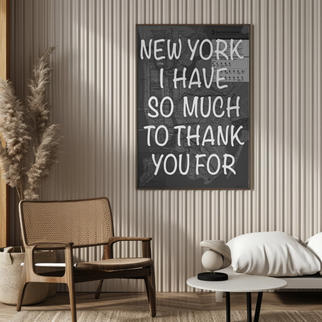 New York City Subway Map Wall Art - Inspirational Quote Print - Framed Canvas or Gloss Paper Thank you Black and White