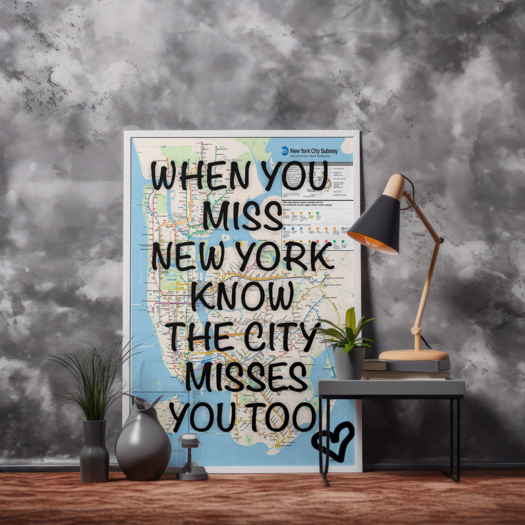 New York City Subway Map Wall Art - Inspirational Quote Print - Framed Canvas or Gloss Paper Rebirth Miss NY