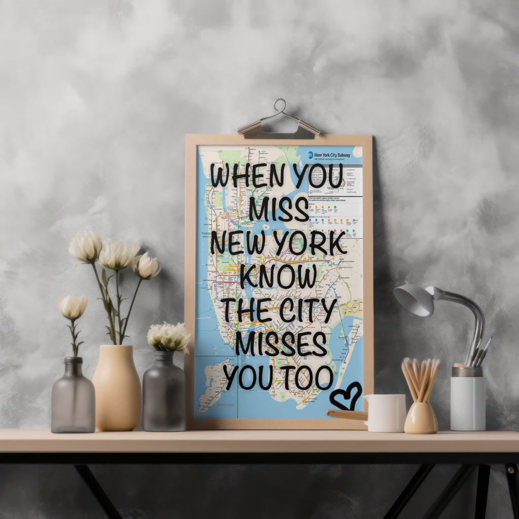 New York City Subway Map Wall Art - Inspirational Quote Print - Framed Canvas or Gloss Paper Rebirth Miss NY