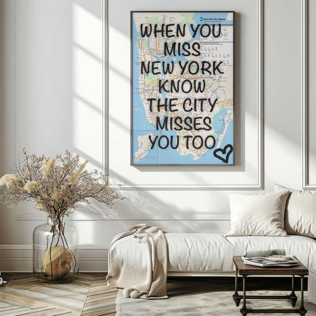 New York City Subway Map Wall Art - Inspirational Quote Print - Framed Canvas or Gloss Paper Rebirth Miss NY