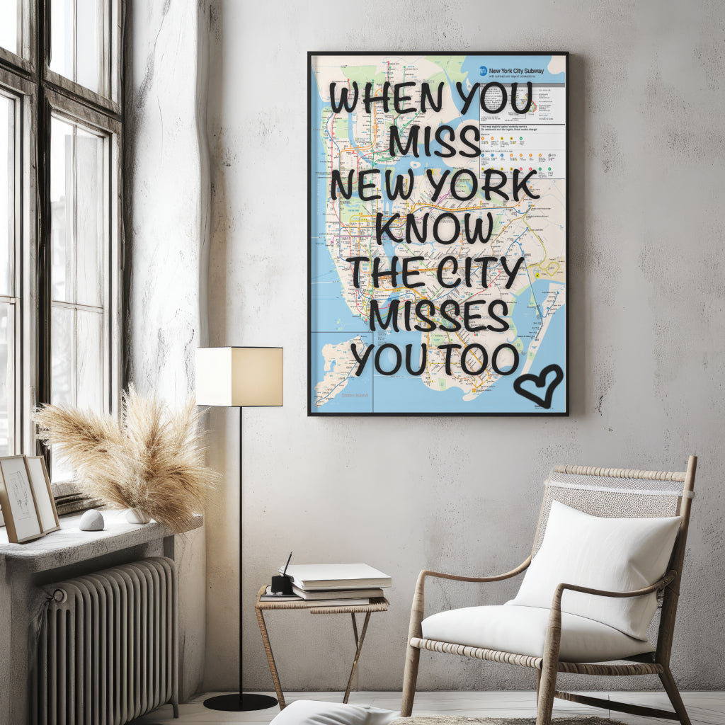 New York City Subway Map Wall Art - Inspirational Quote Print - Framed Canvas or Gloss Paper Rebirth Miss NY