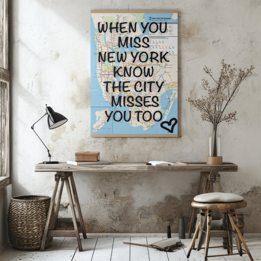 New York City Subway Map Wall Art - Inspirational Quote Print - Framed Canvas or Gloss Paper Rebirth Miss NY