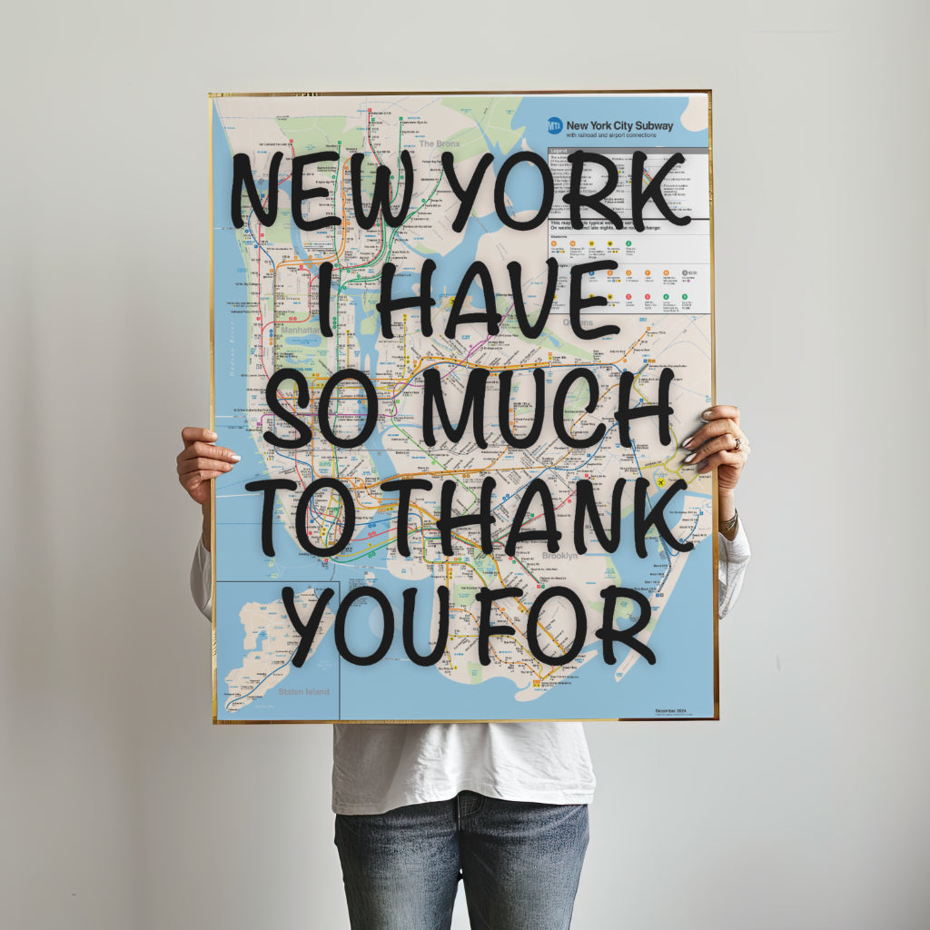 New York City Subway Map Wall Art - Inspirational Quote Print - Framed Canvas or Gloss Paper Thank you