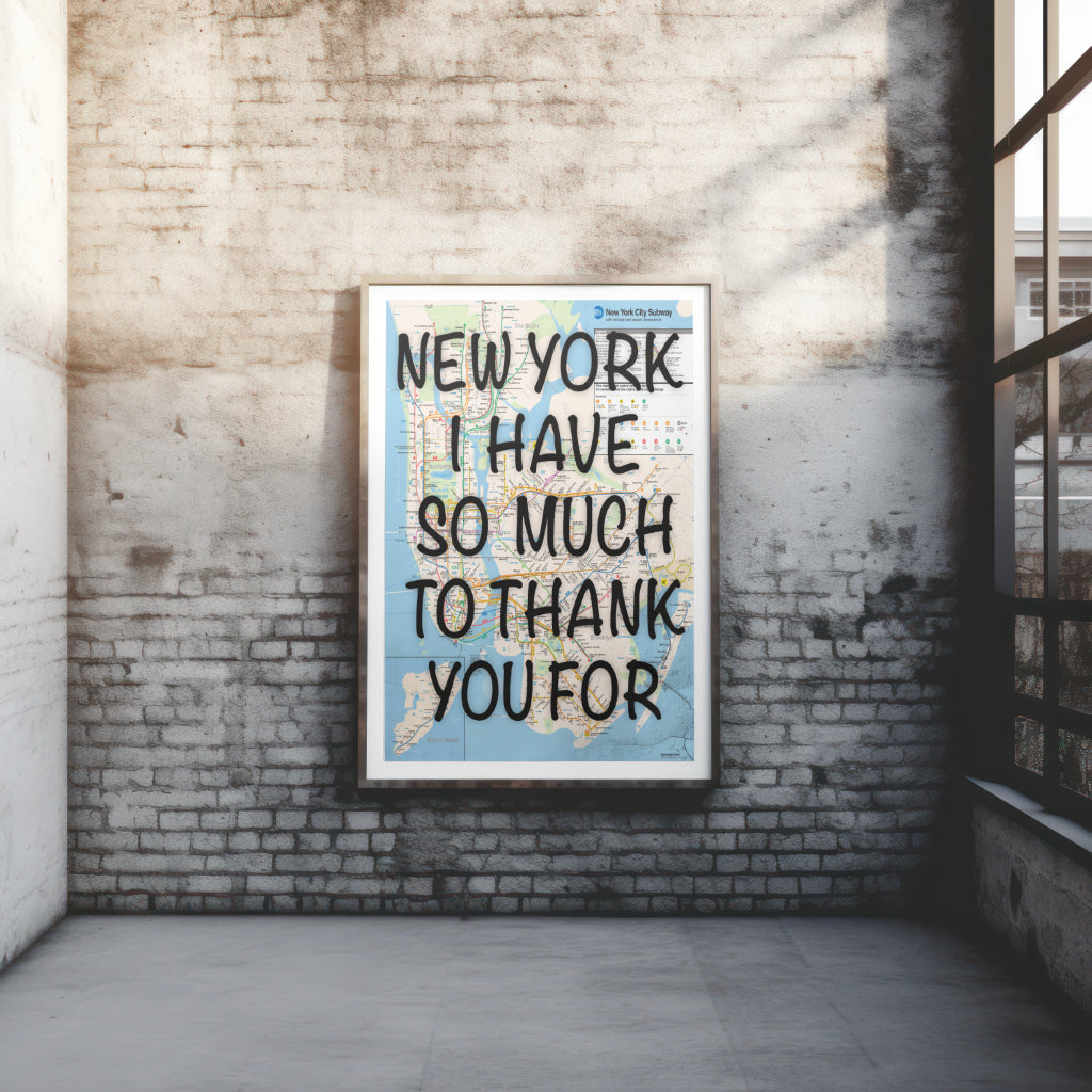 New York City Subway Map Wall Art - Inspirational Quote Print - Framed Canvas or Gloss Paper Thank you