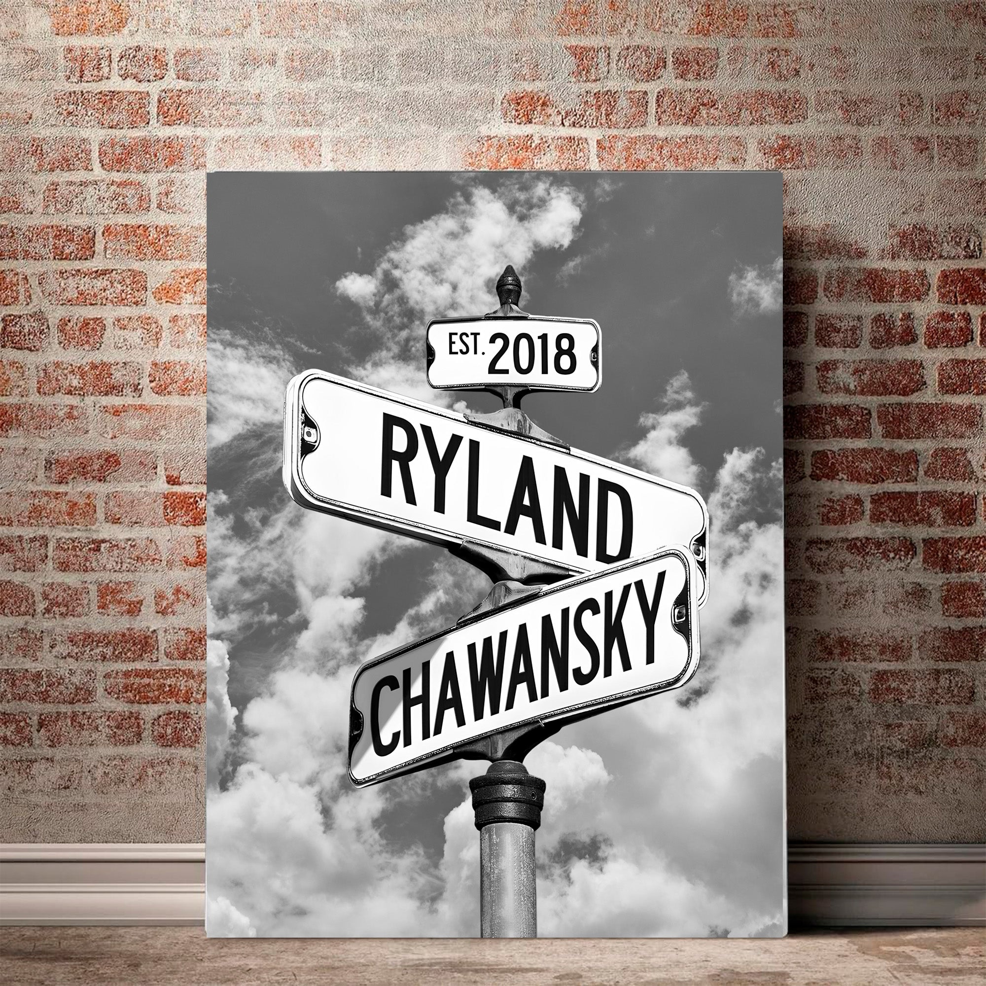 Couple's Name and Date Poster Wall Art Print Canvas on Street Sign Black&White