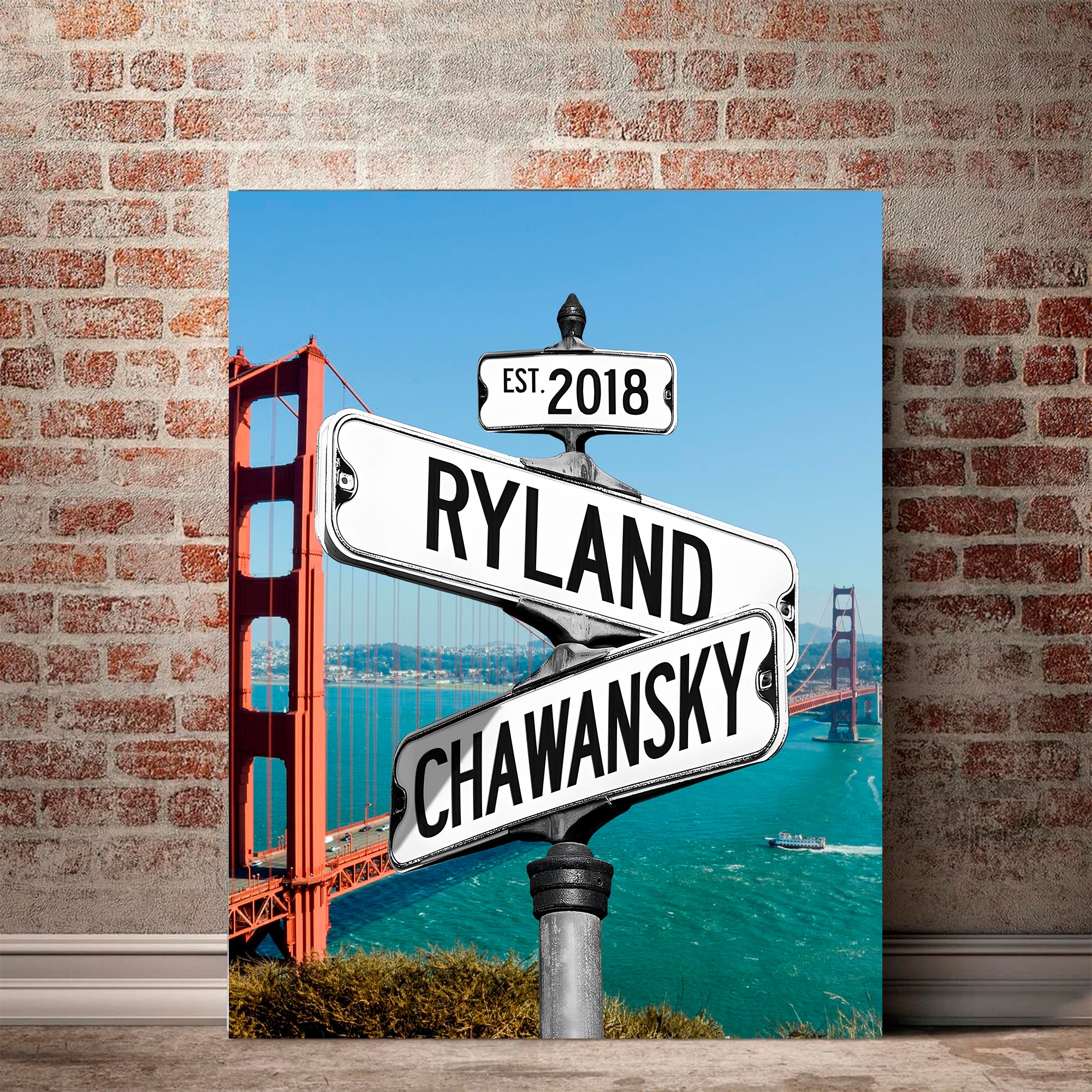 Couple's Name and Date Poster Wall Art Print Canvas on Street Sign Golden Gate