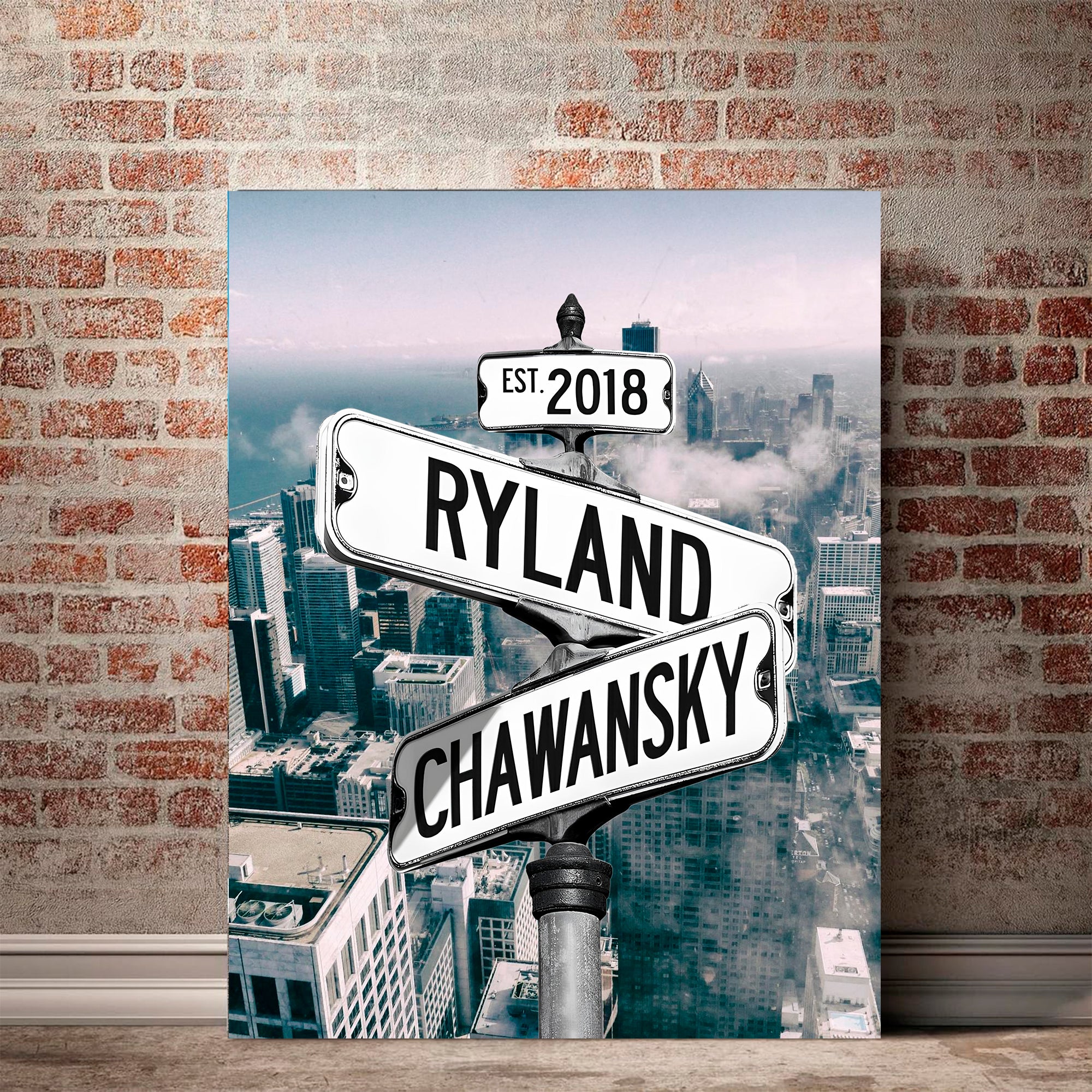 Couple's Name and Date Poster Wall Art Print Canvas on Street Sign New York Skyline