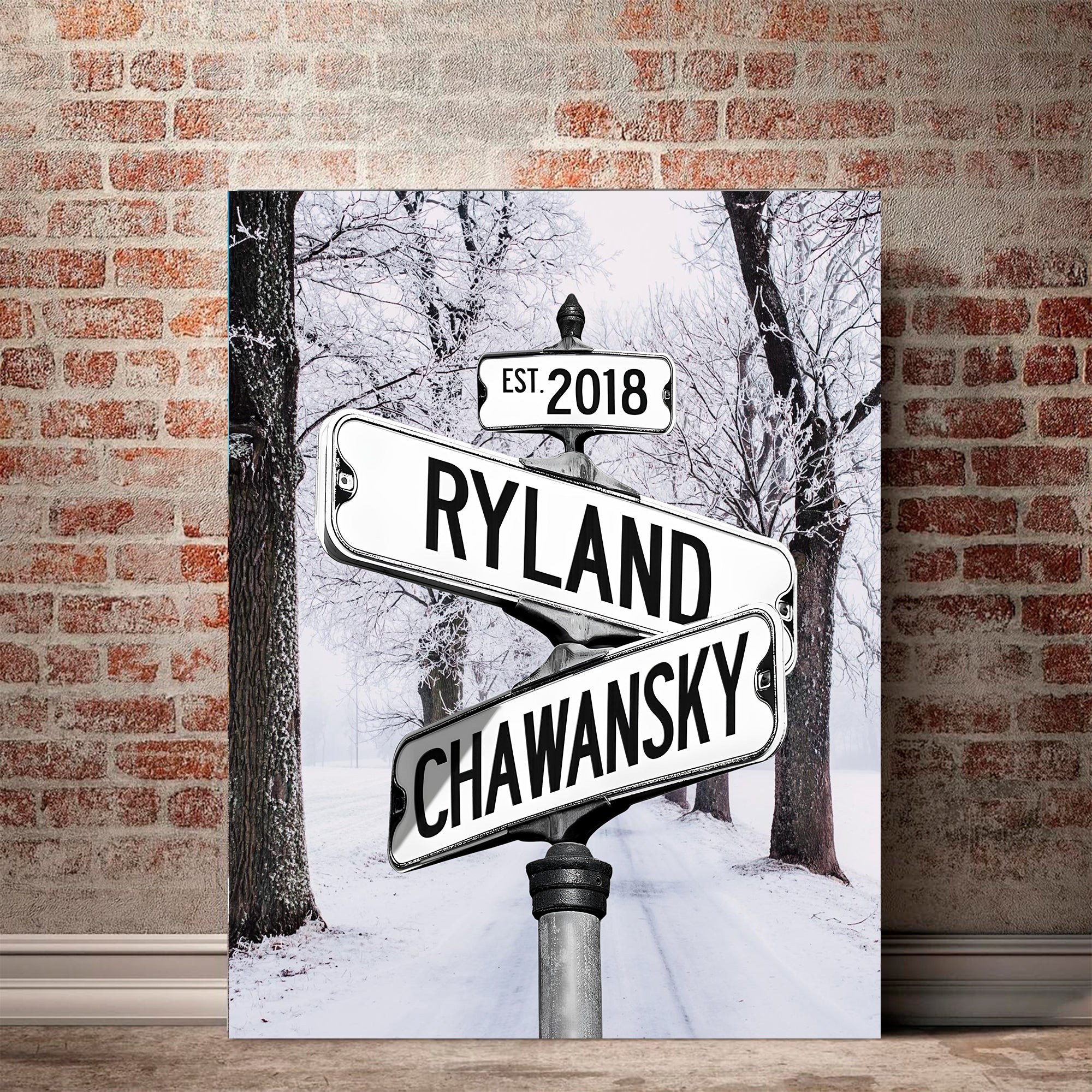 Couple's Name and Date Poster Wall Art Print Canvas on Street Sign Winter Wood