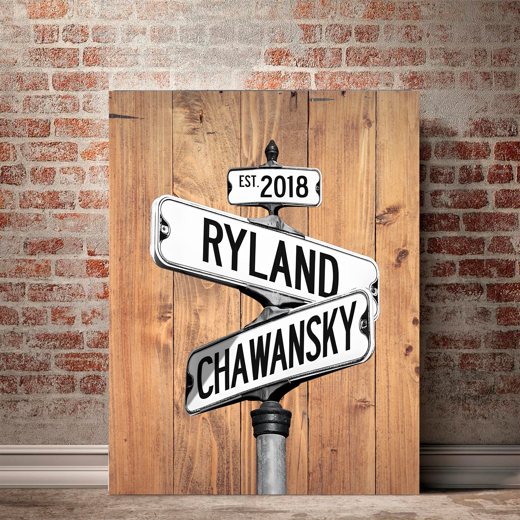 Couple's Name and Date Poster Wall Art Print Canvas on Street Sign Wood