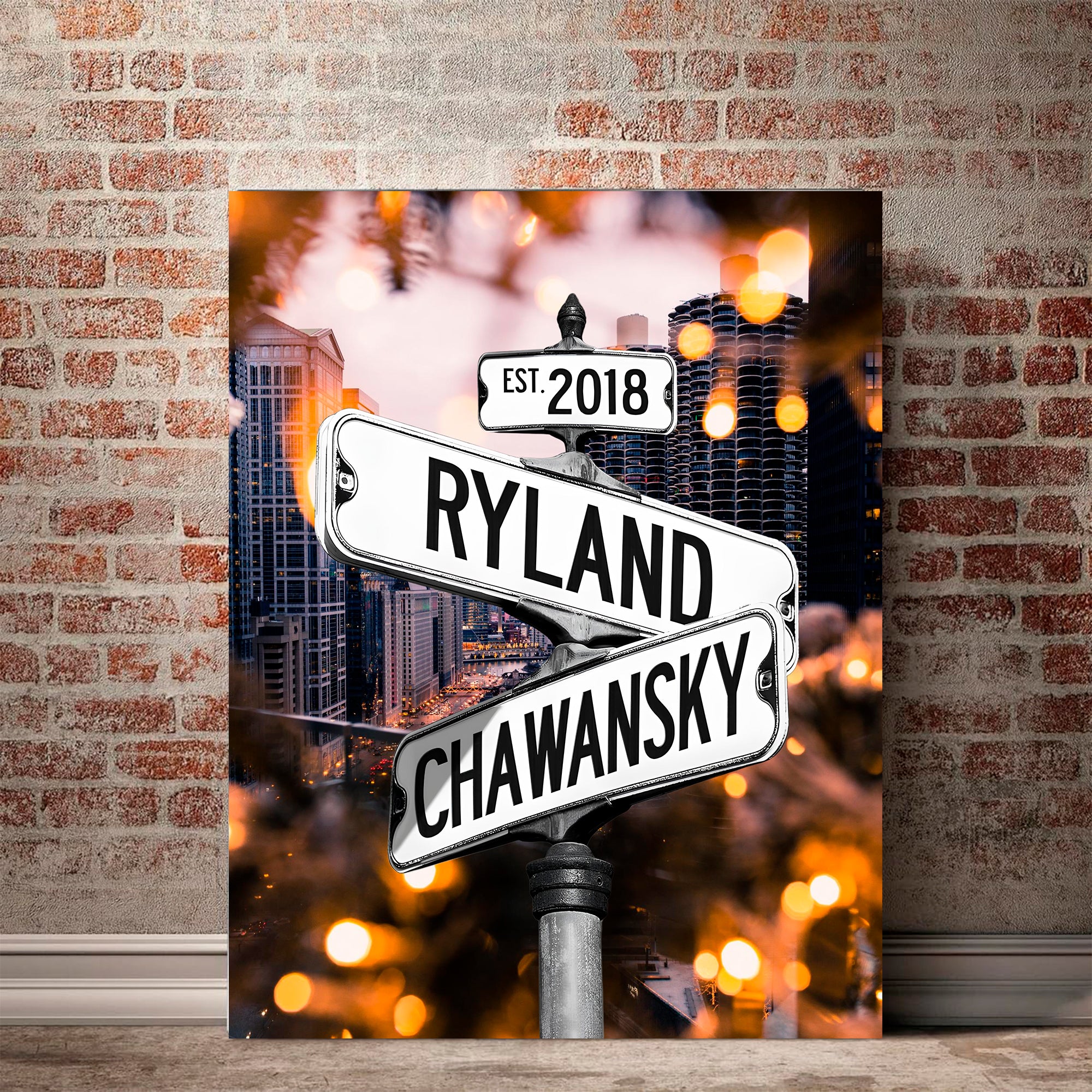 Couple's Name and Date Poster Wall Art Print Canvas on Street Sign City Sunset