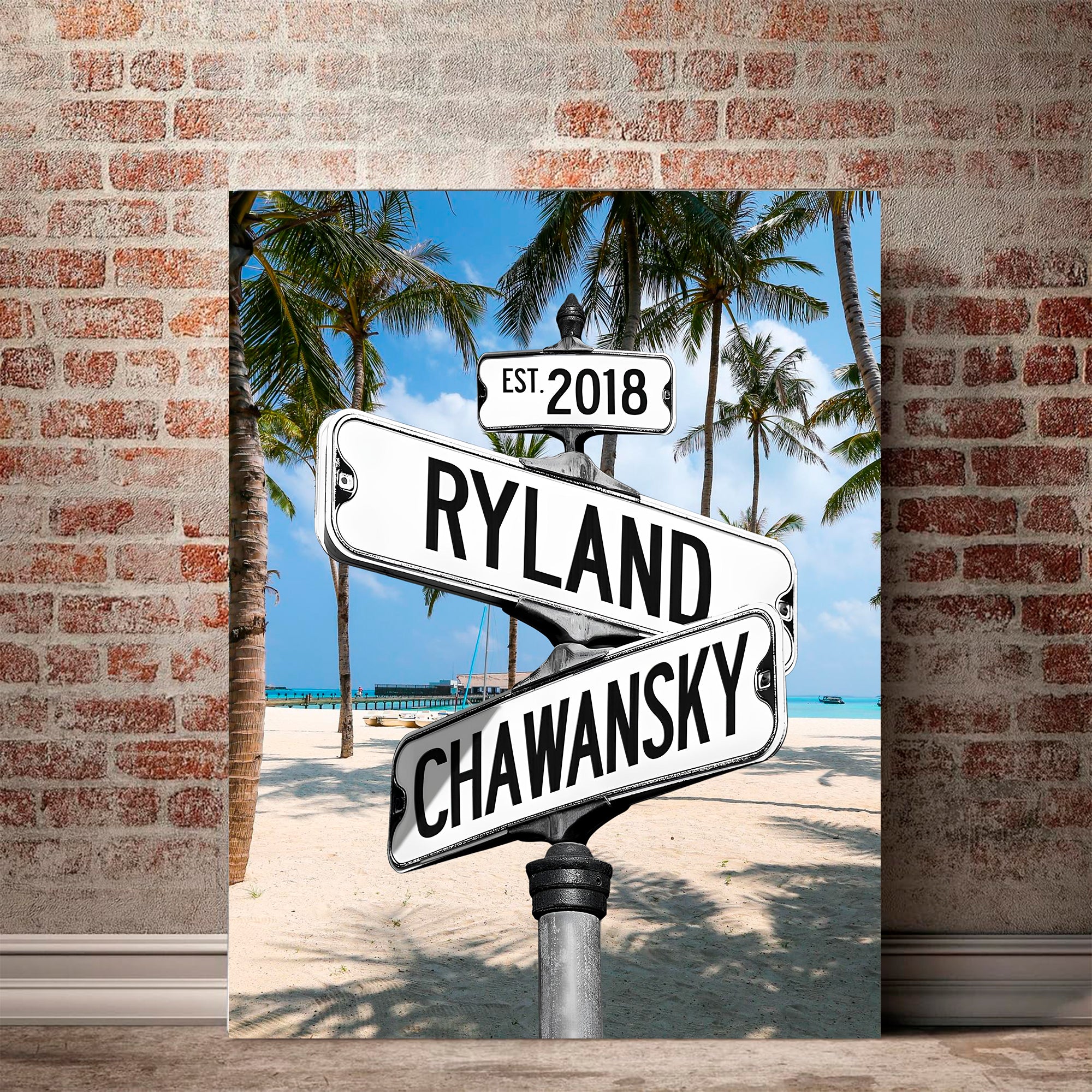 Couple's Name and Date Poster Wall Art Print Canvas on Street Sign Palm Beach