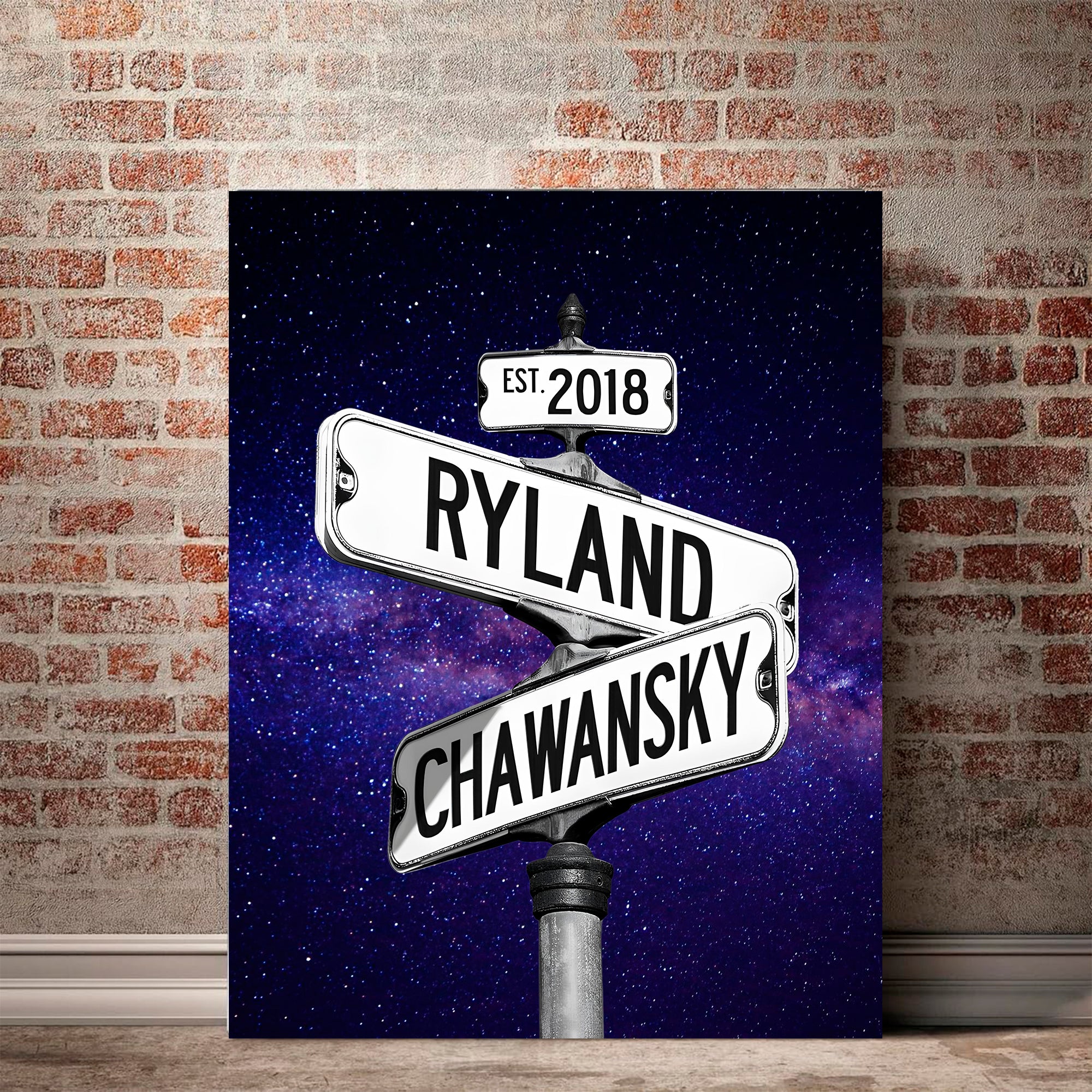 Couple's Name and Date Poster Wall Art Print Canvas on Street Sign Night Sky