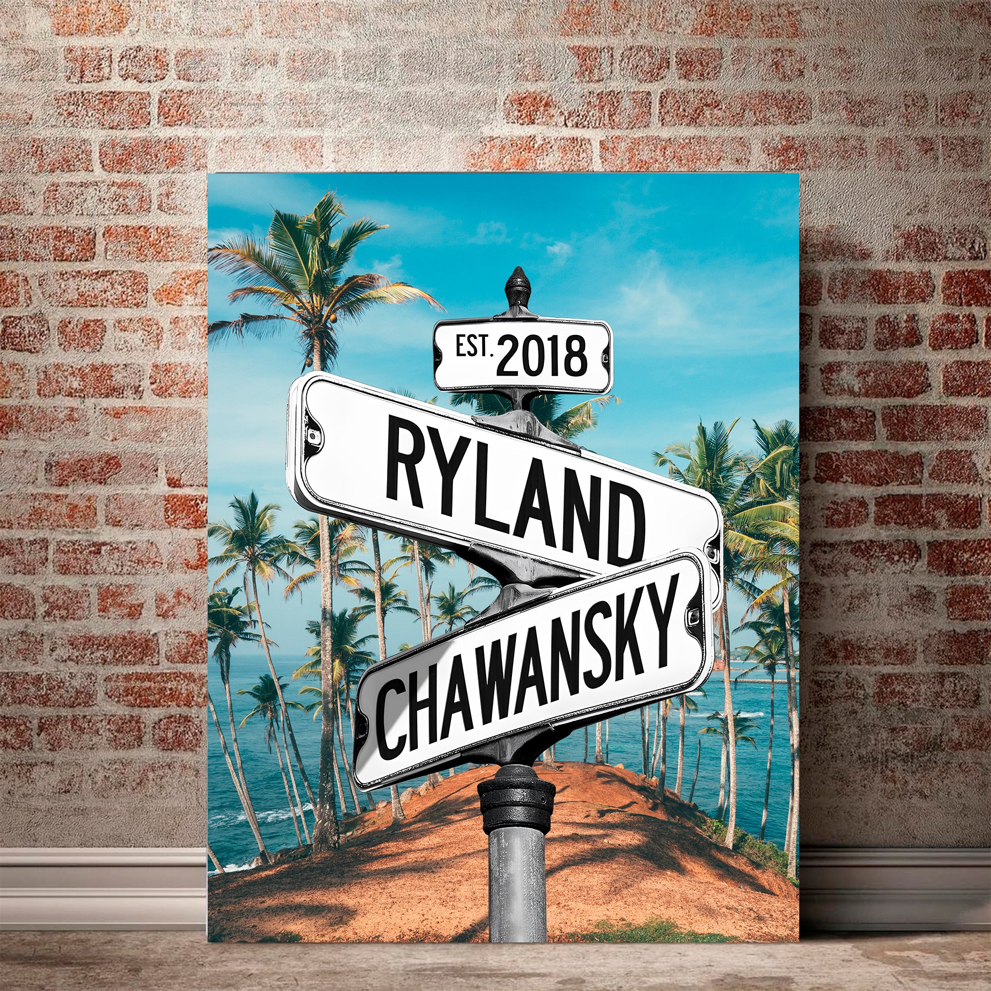 Couple's Name and Date Poster Wall Art Print Canvas on Street Sign Beach