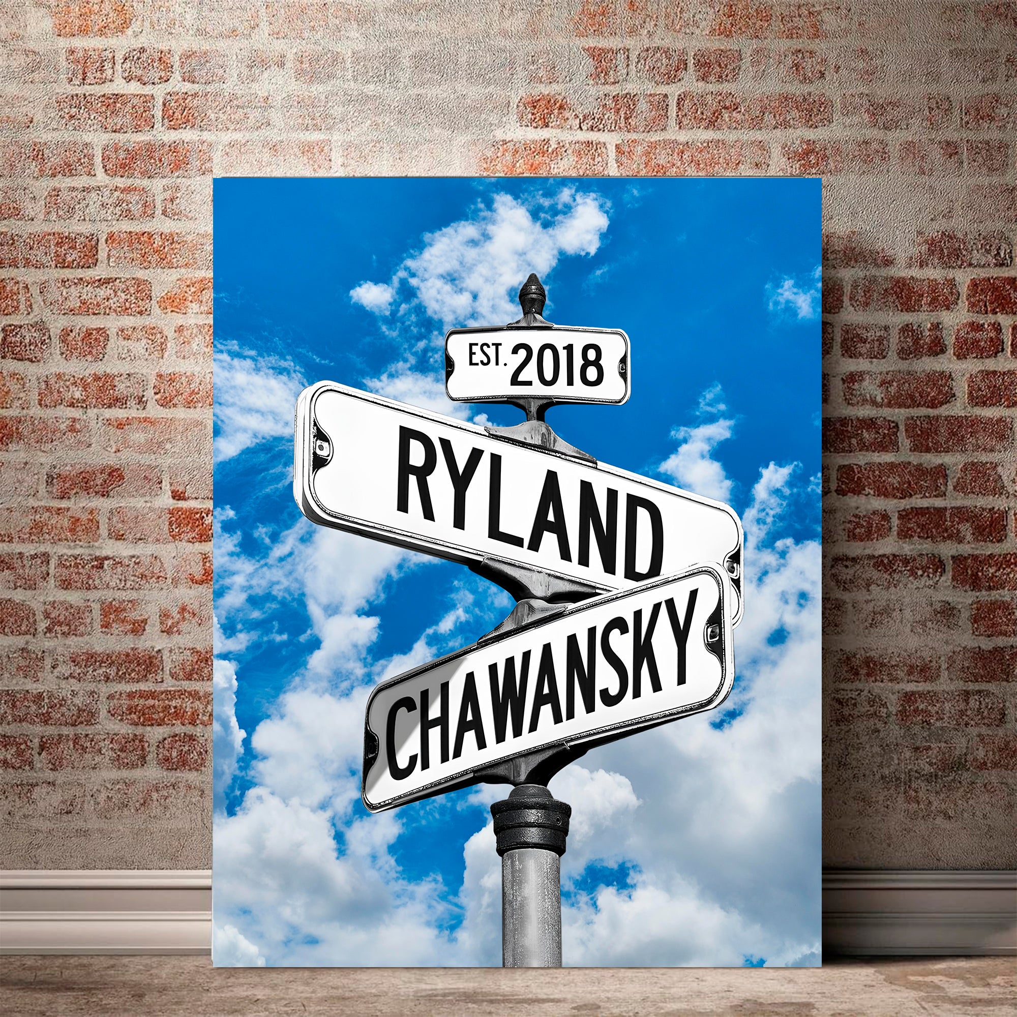 Couple's Name and Date Poster Wall Art Print Canvas on Street Sign Blue Sky