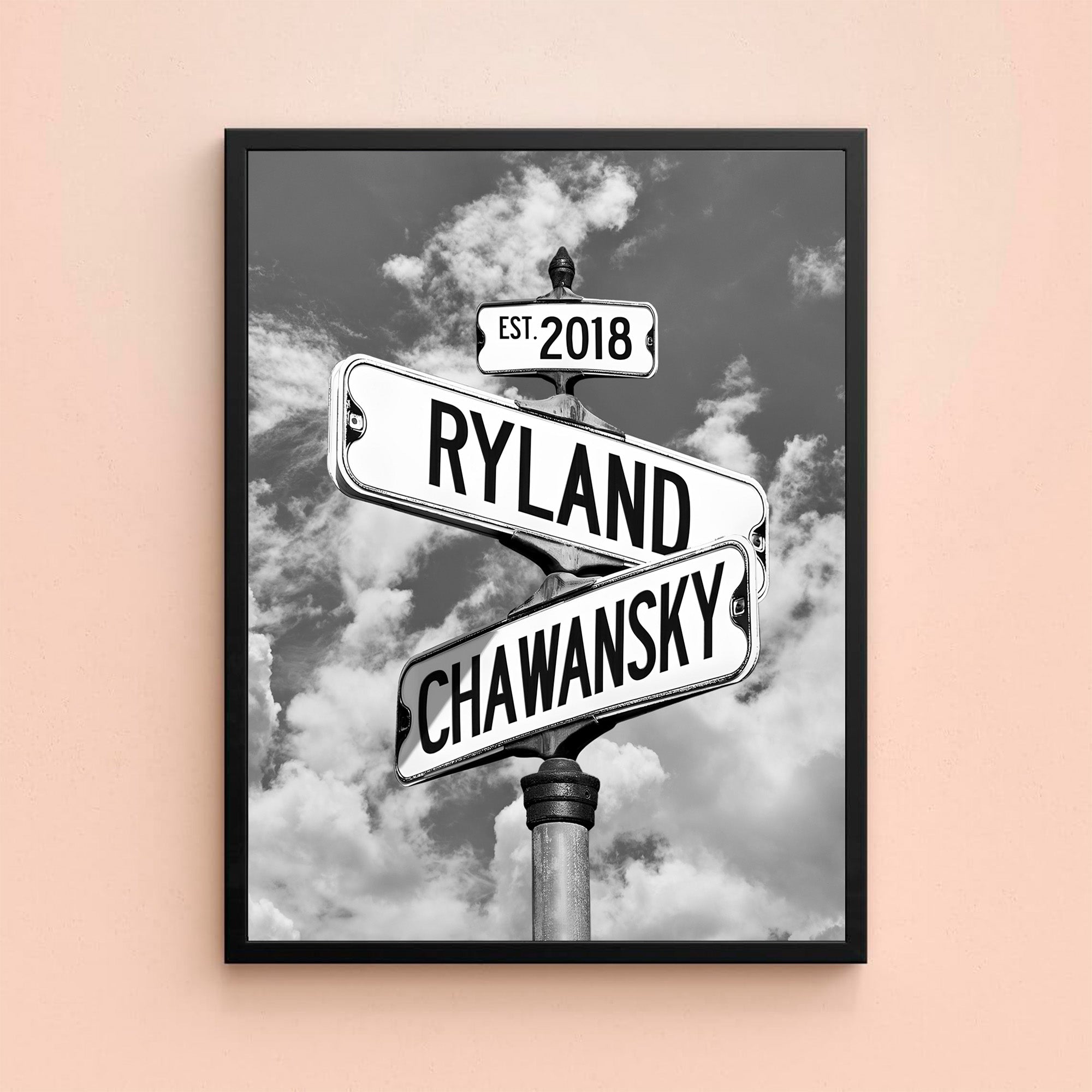 Couple's Name and Date Poster Wall Art Print Canvas on Street Sign Black&White