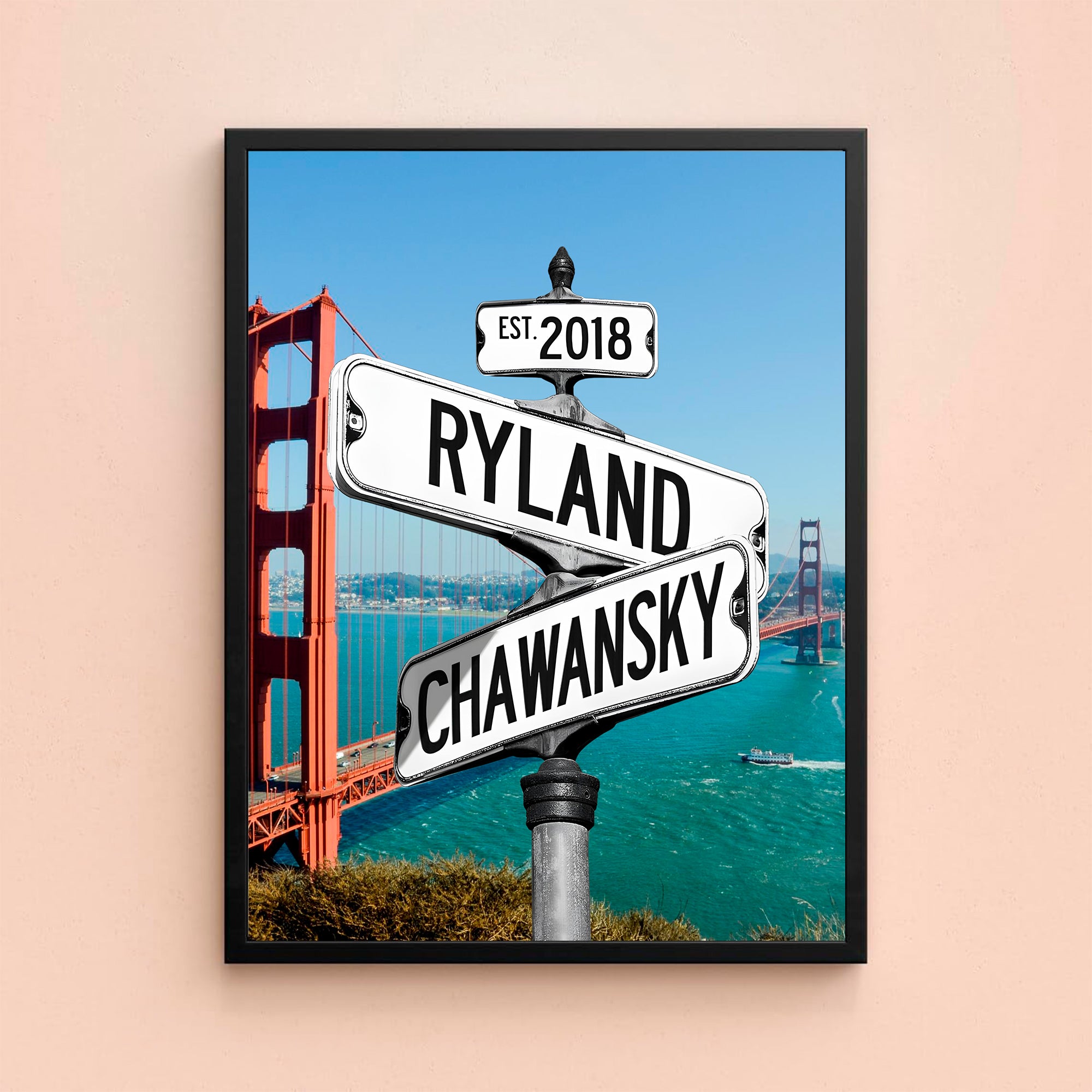 Couple's Name and Date Poster Wall Art Print Canvas on Street Sign Golden Gate