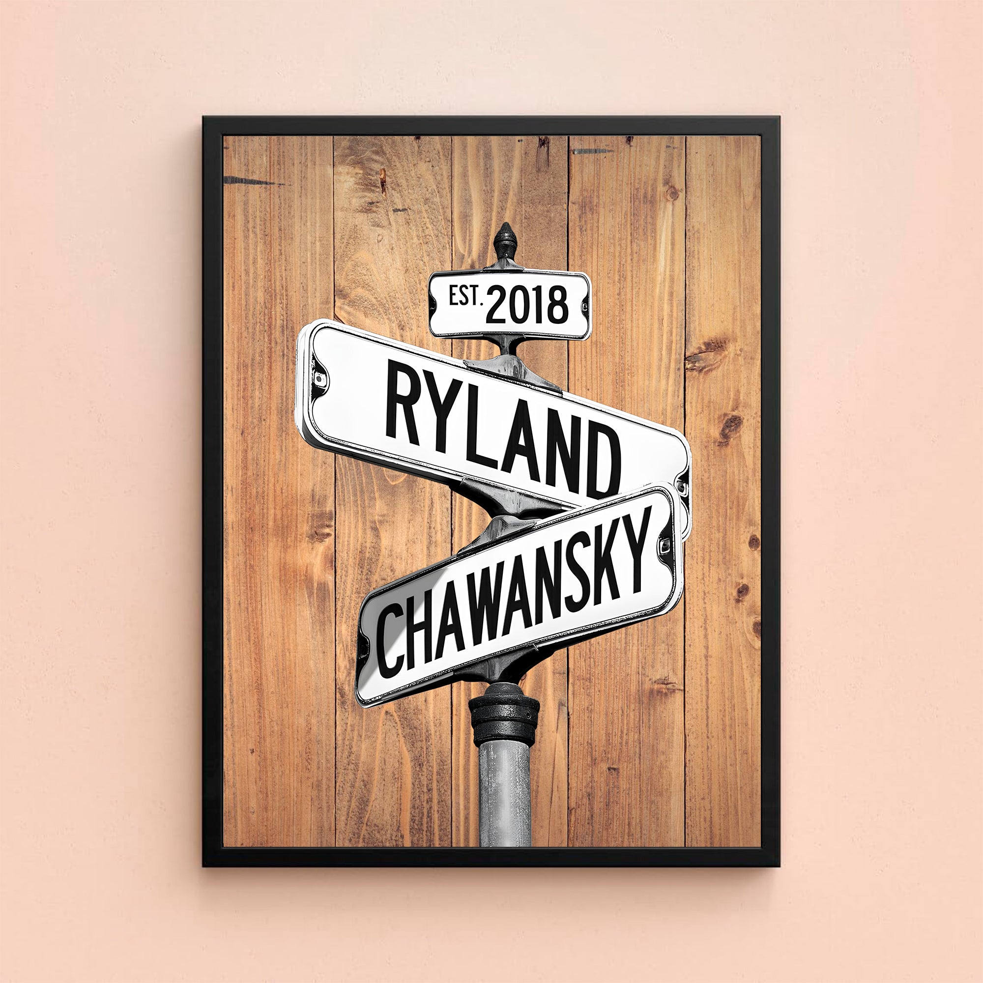 Couple's Name and Date Poster Wall Art Print Canvas on Street Sign Wood