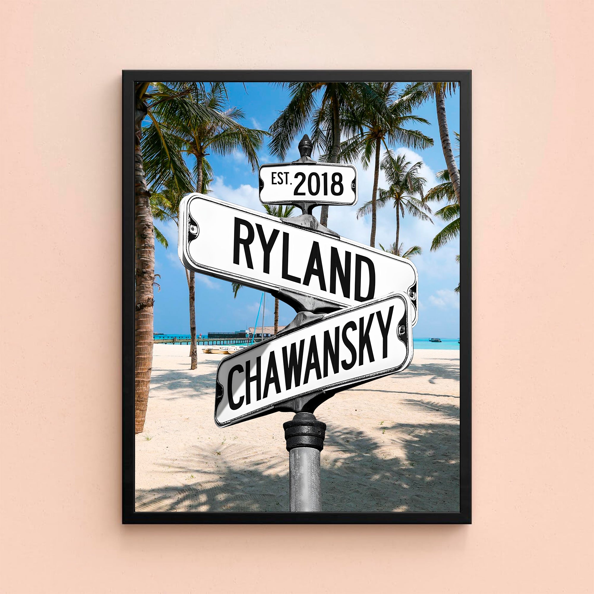 Couple's Name and Date Poster Wall Art Print Canvas on Street Sign Palm Beach