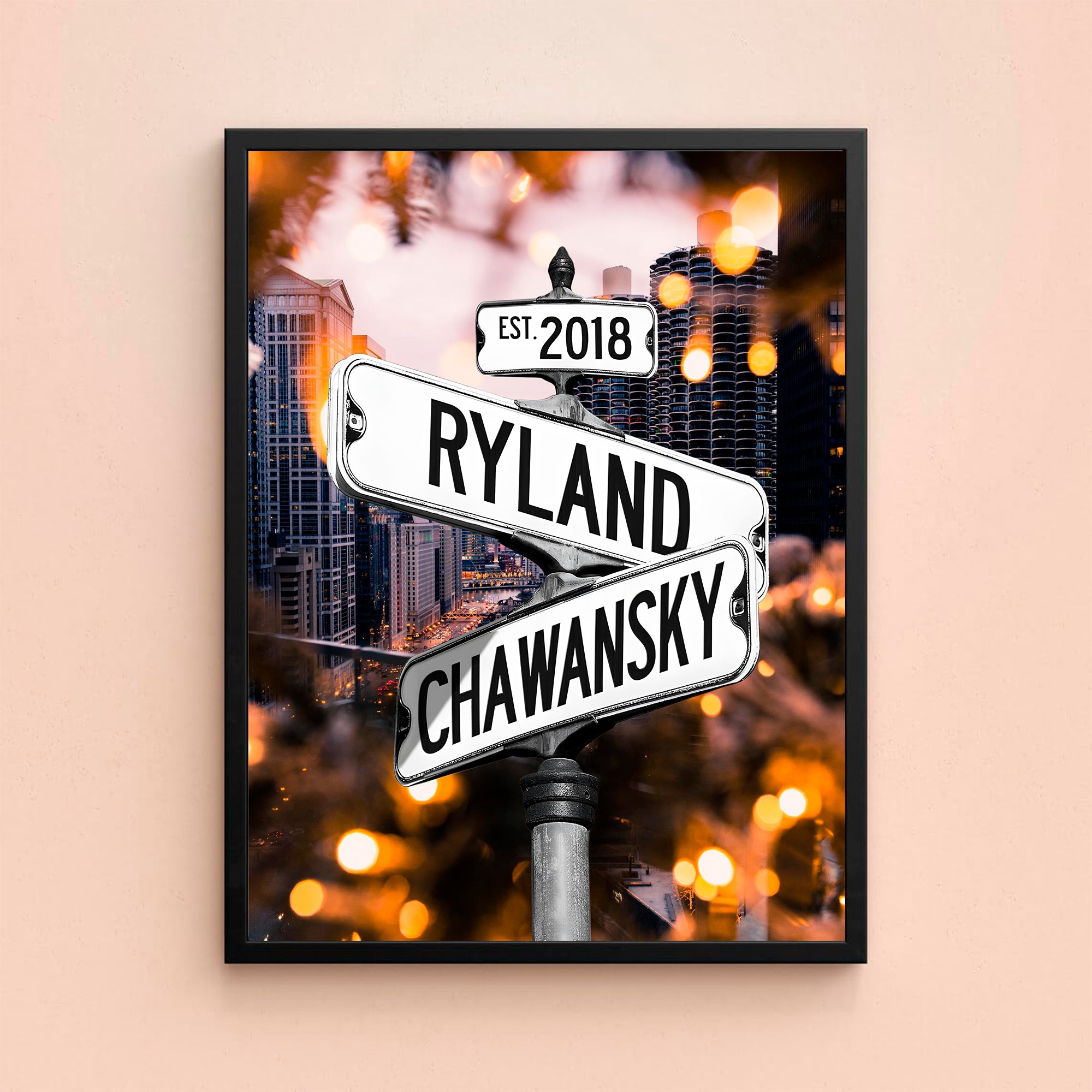 Couple's Name and Date Poster Wall Art Print Canvas on Street Sign City Sunset