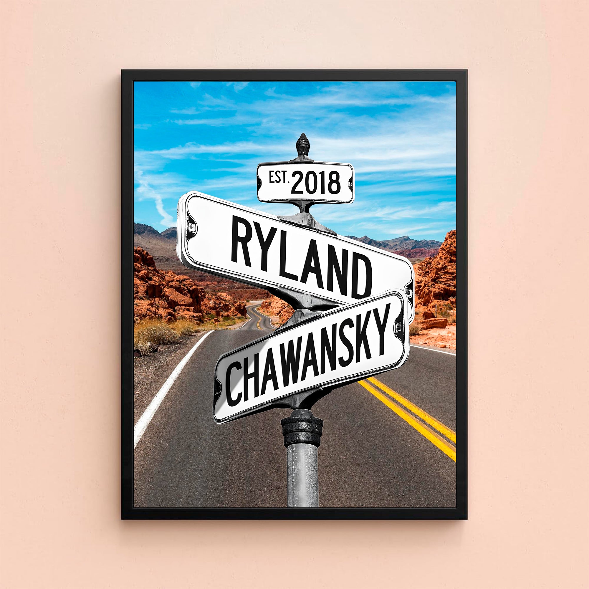 Couple's Name and Date Poster Wall Art Print Canvas on Street Sign Road