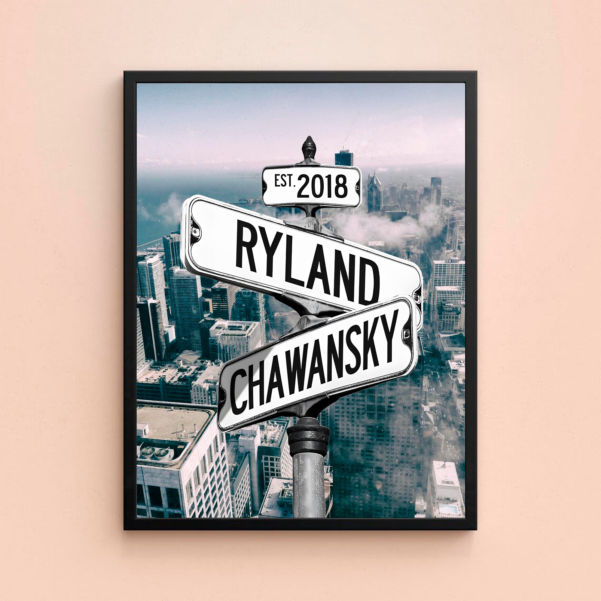 Couple's Name and Date Poster Wall Art Print Canvas on Street Sign New York Skyline