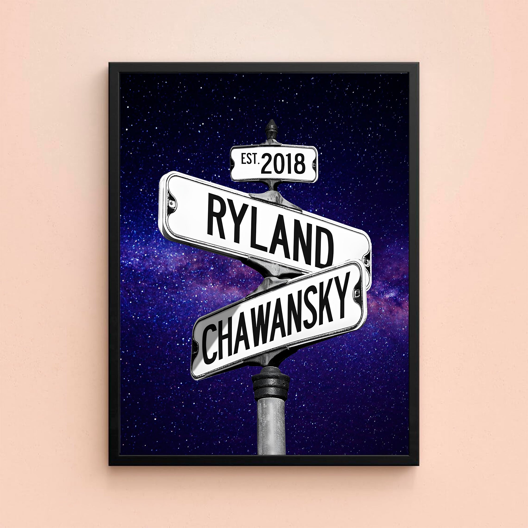 Couple's Name and Date Poster Wall Art Print Canvas on Street Sign Night Sky