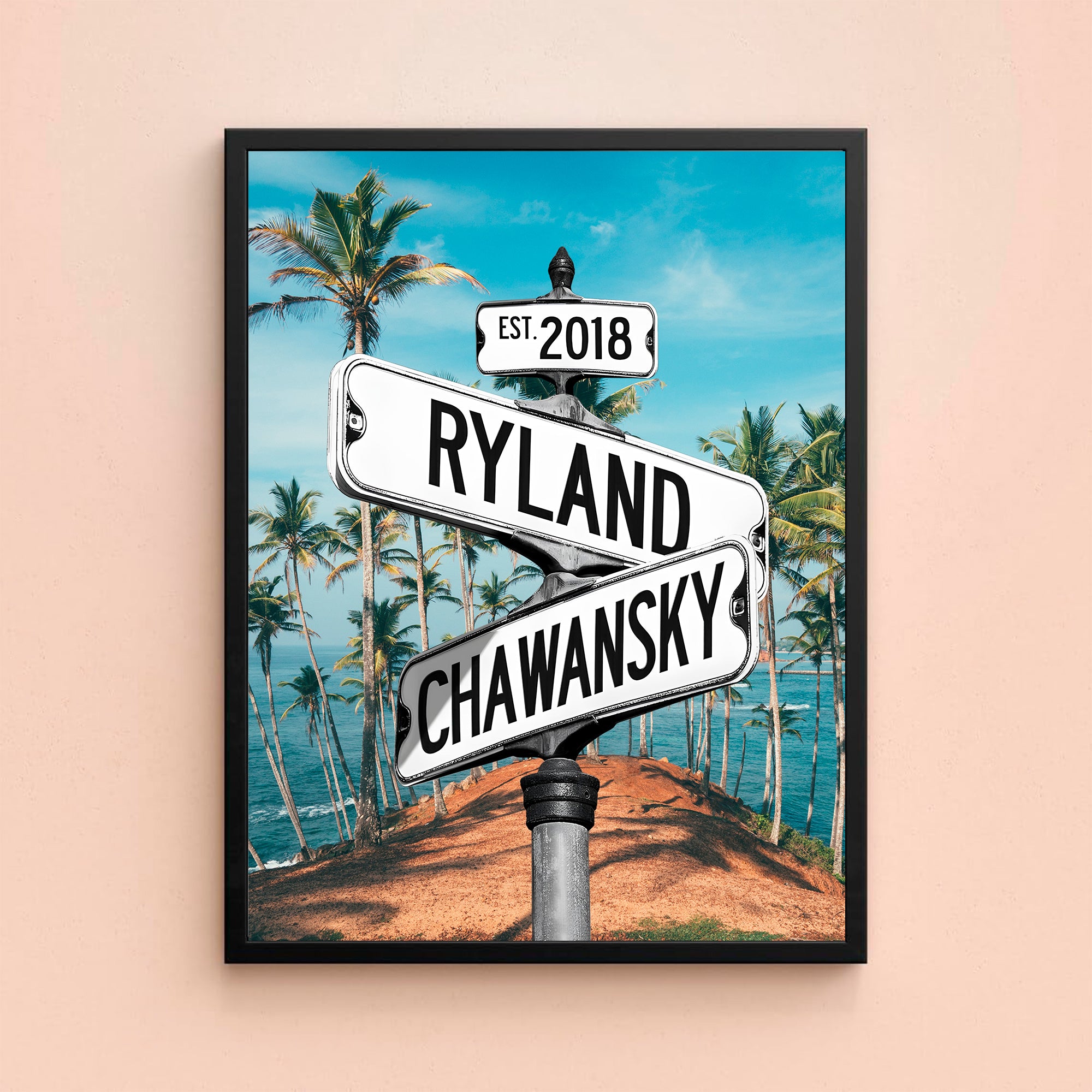 Couple's Name and Date Poster Wall Art Print Canvas on Street Sign Beach