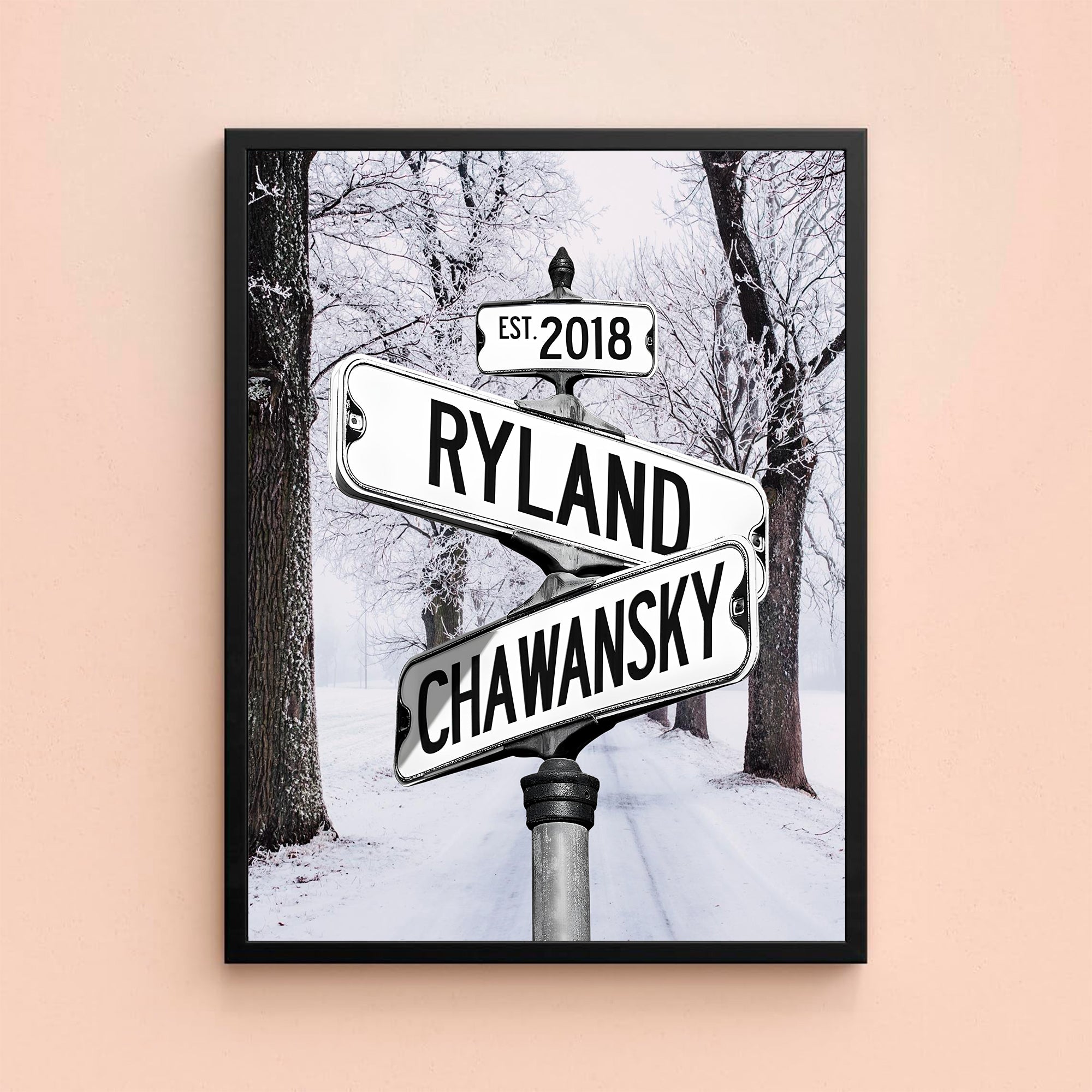 Couple's Name and Date Poster Wall Art Print Canvas on Street Sign Winter Wood