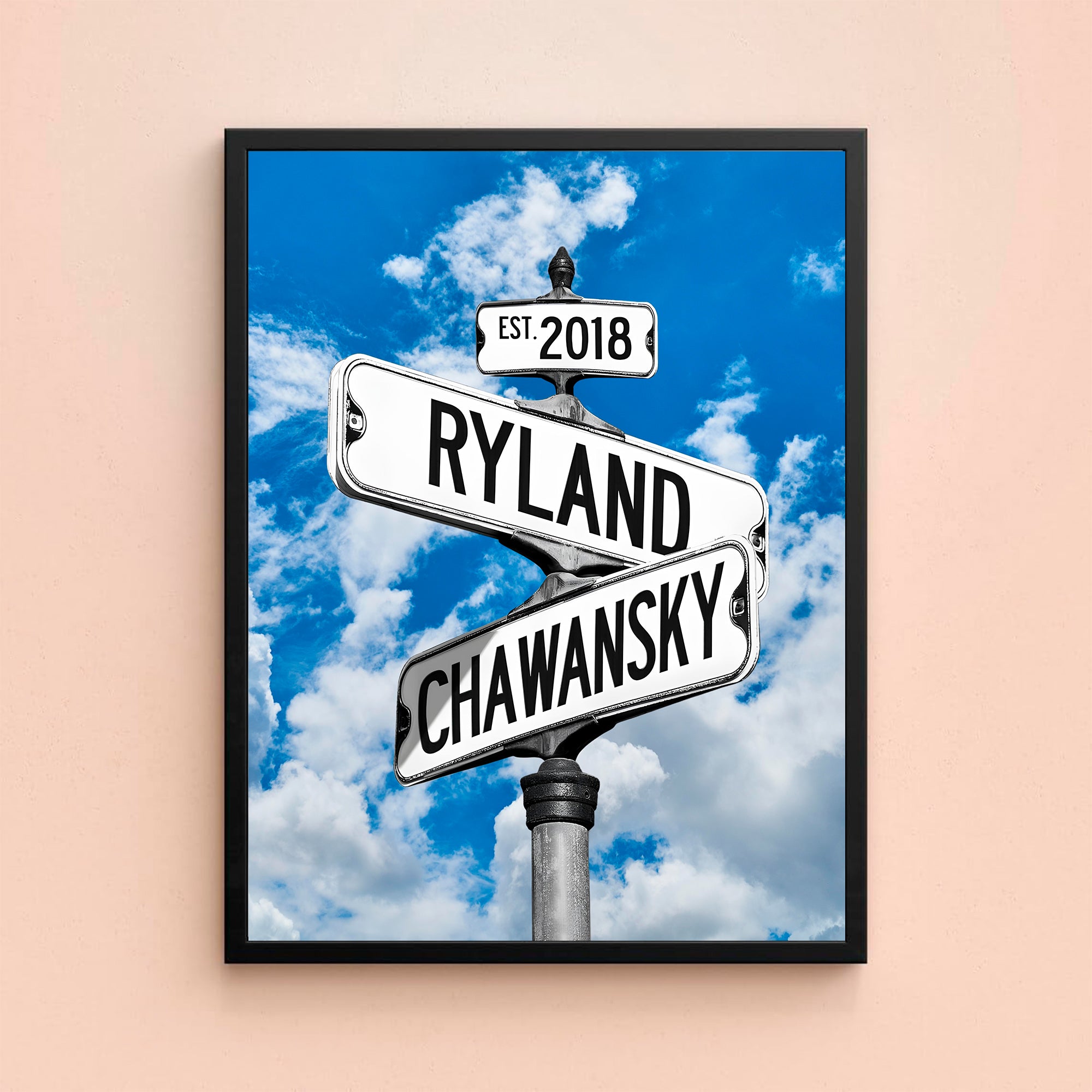 Couple's Name and Date Poster Wall Art Print Canvas on Street Sign Blue Sky