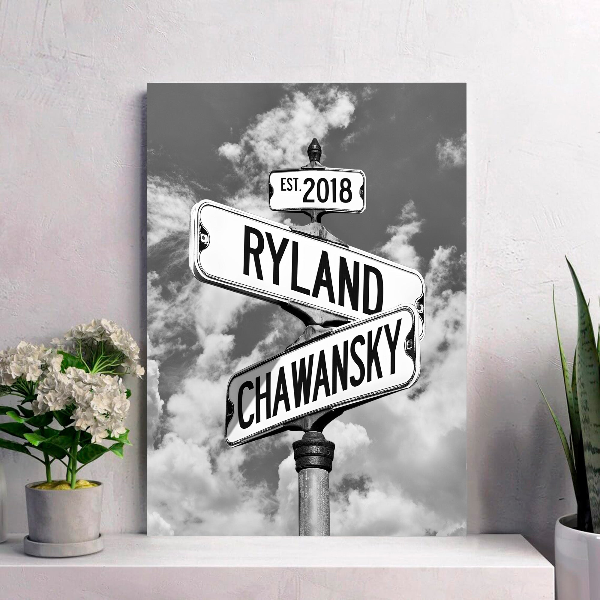 Couple's Name and Date Poster Wall Art Print Canvas on Street Sign Black&White