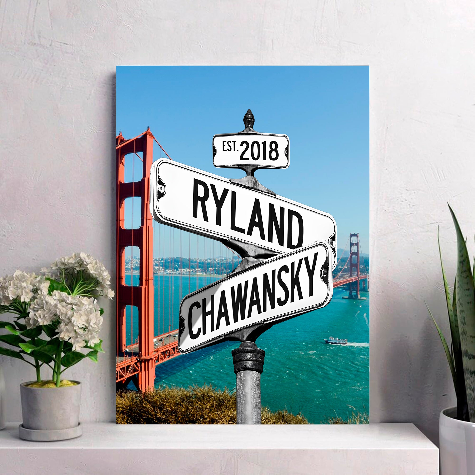 Couple's Name and Date Poster Wall Art Print Canvas on Street Sign Golden Gate