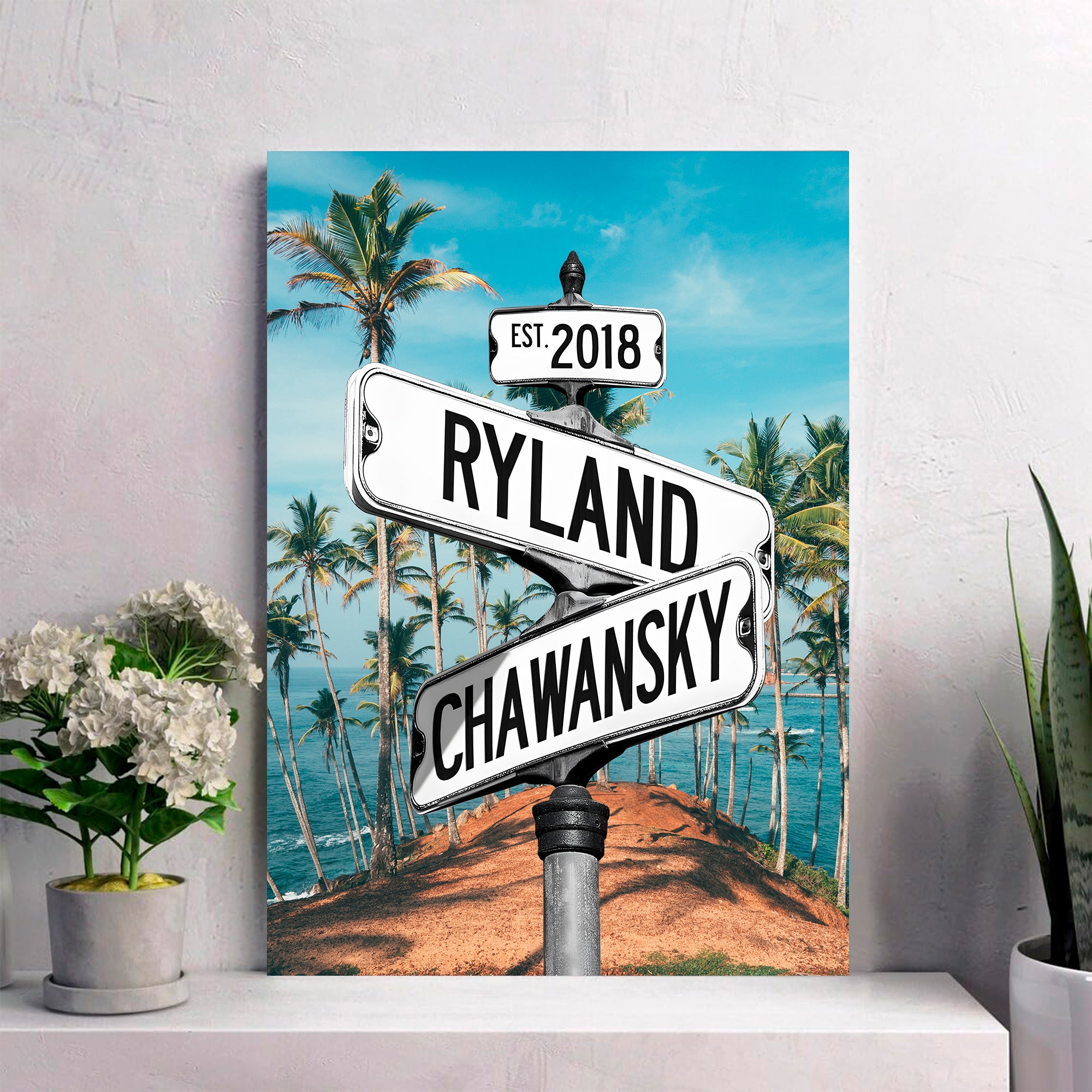 Couple's Name and Date Poster Wall Art Print Canvas on Street Sign Beach