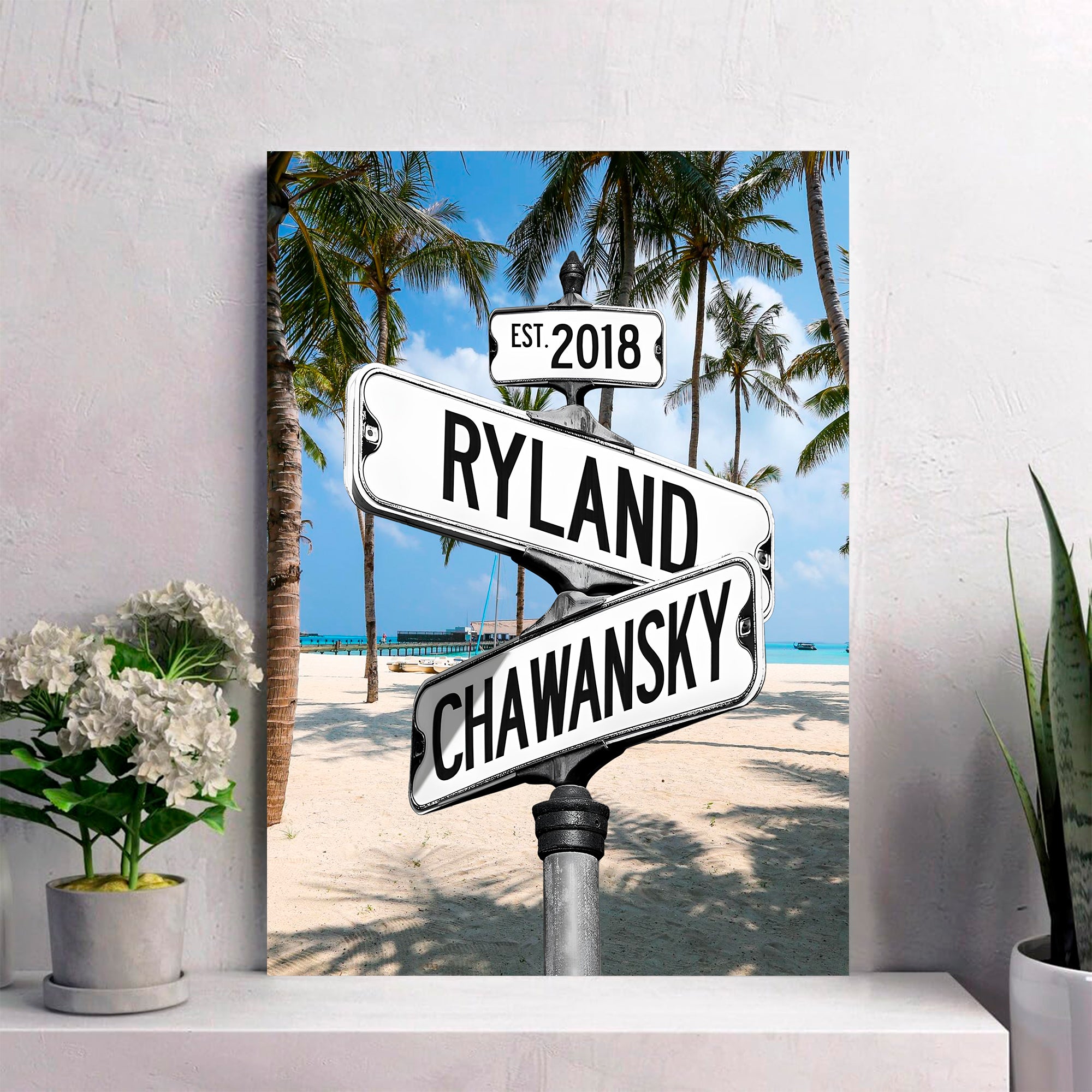 Couple's Name and Date Poster Wall Art Print Canvas on Street Sign Palm Beach