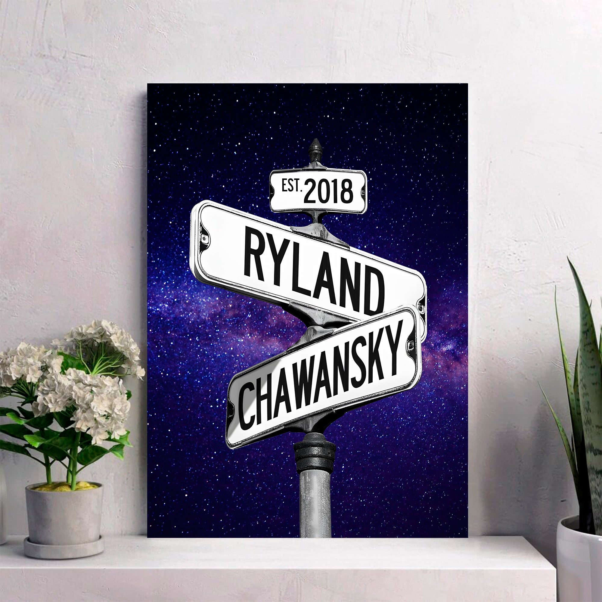 Couple's Name and Date Poster Wall Art Print Canvas on Street Sign Night Sky