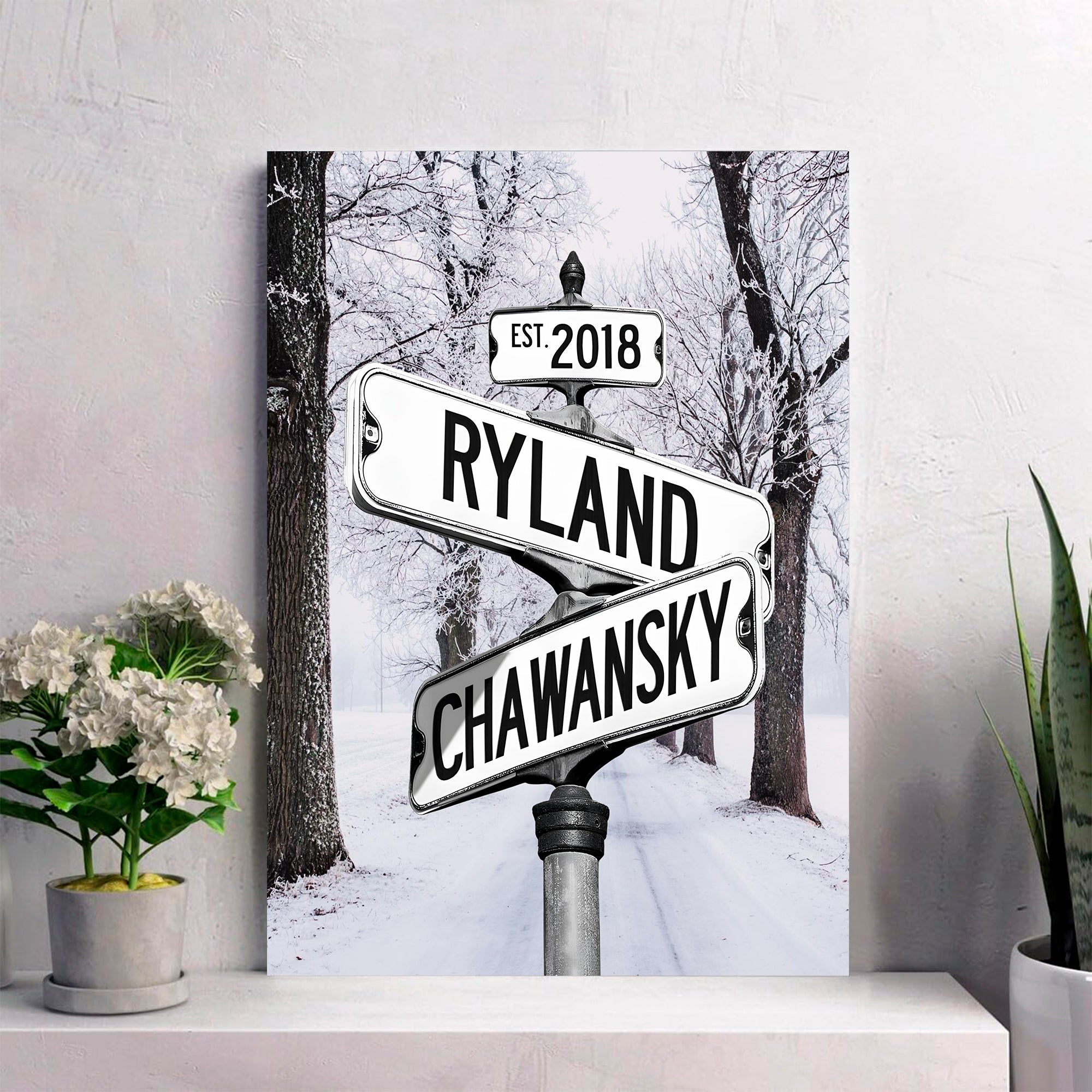 Couple's Name and Date Poster Wall Art Print Canvas on Street Sign Winter Wood