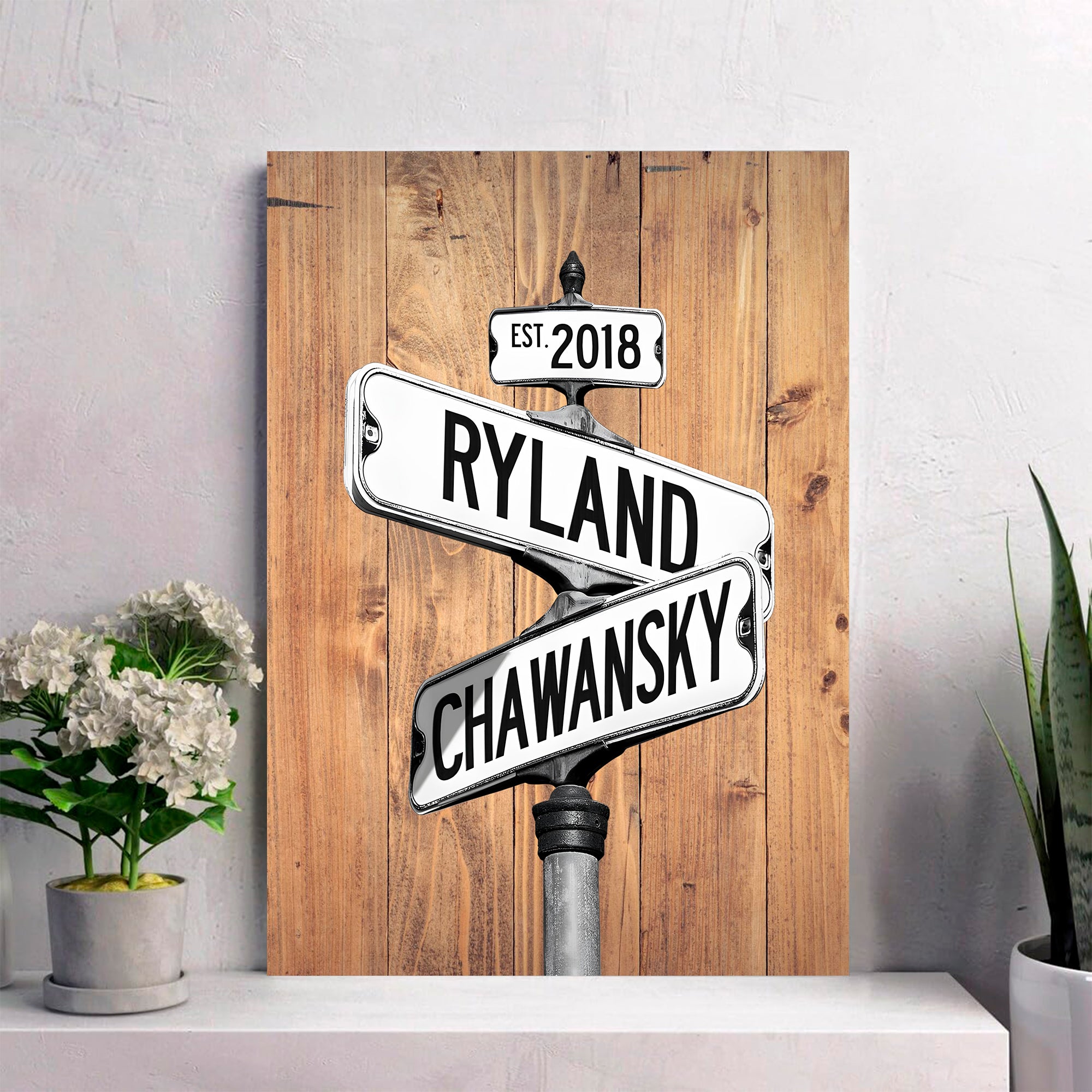 Couple's Name and Date Poster Wall Art Print Canvas on Street Sign Wood