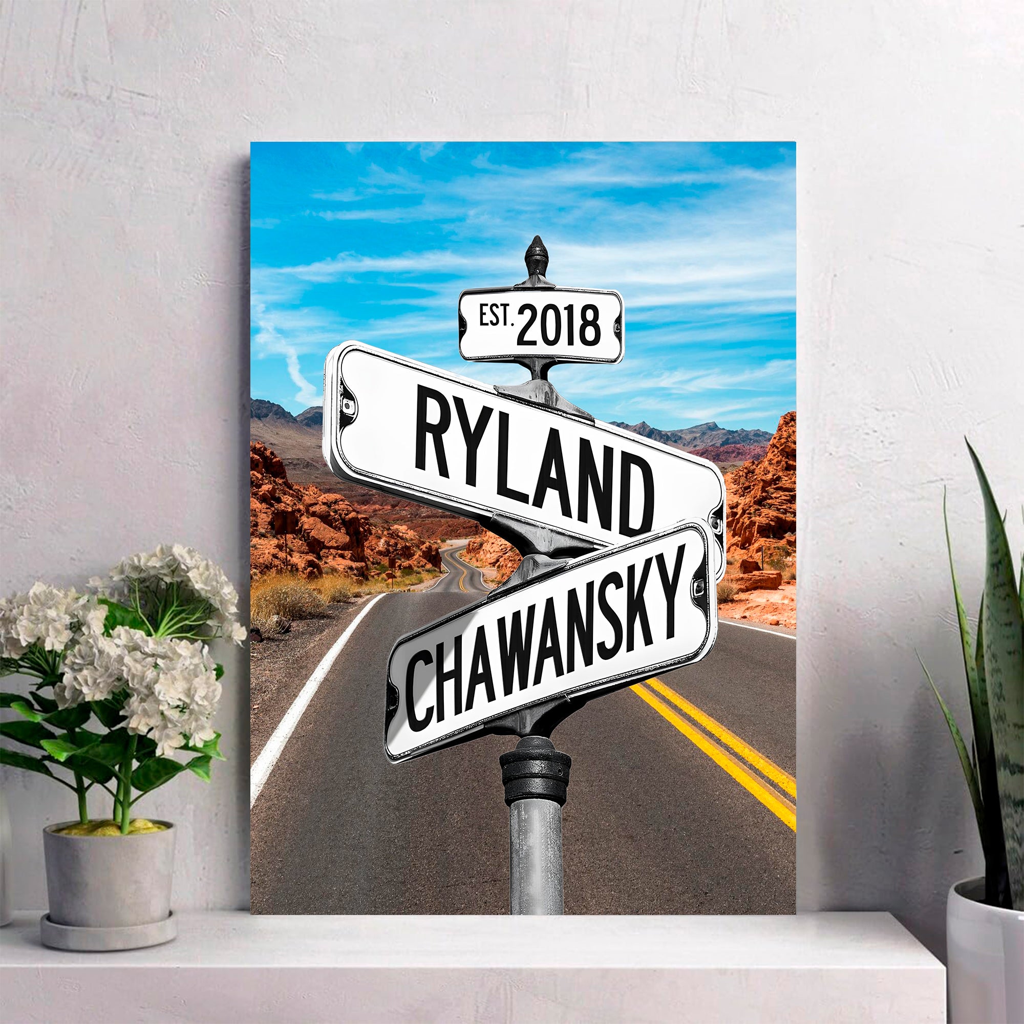 Couple's Name and Date Poster Wall Art Print Canvas on Street Sign Road