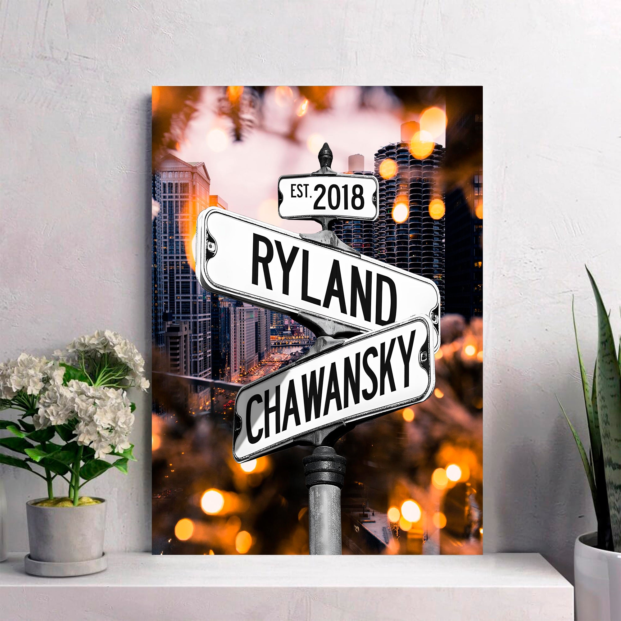 Couple's Name and Date Poster Wall Art Print Canvas on Street Sign City Sunset