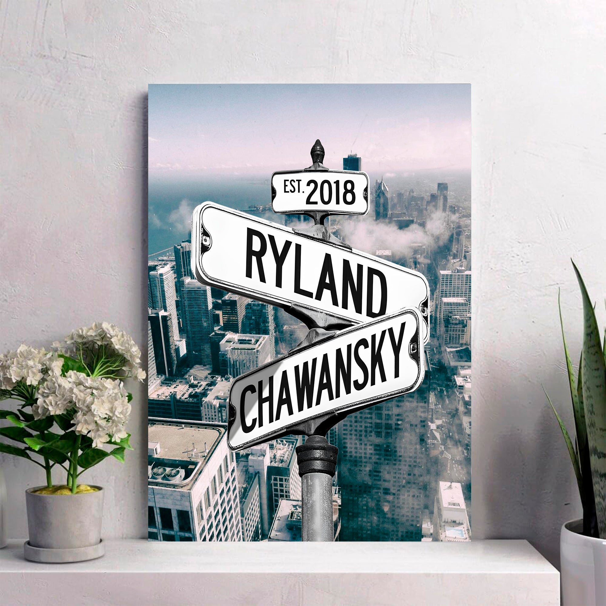 Couple's Name and Date Poster Wall Art Print Canvas on Street Sign New York Skyline