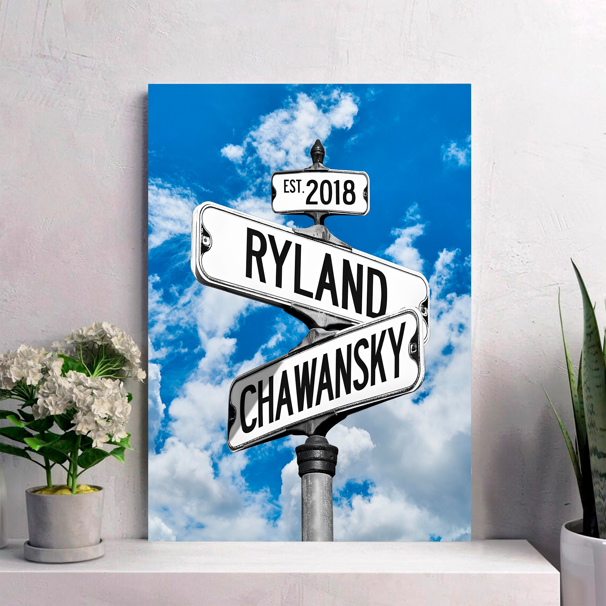 Couple's Name and Date Poster Wall Art Print Canvas on Street Sign Blue Sky