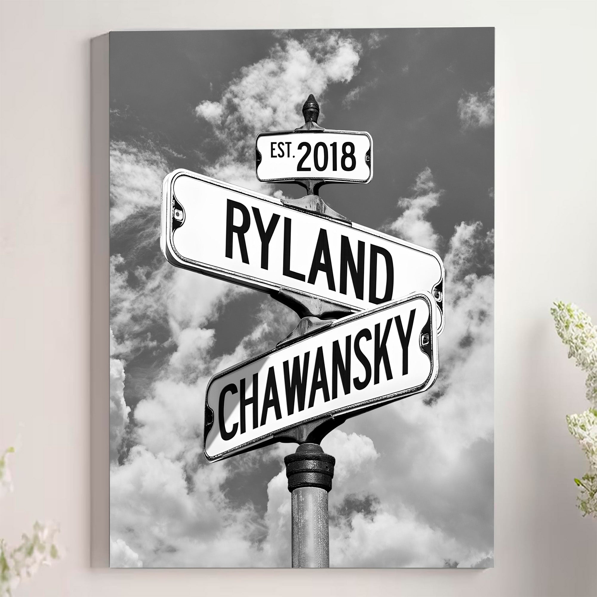 Couple's Name and Date Poster Wall Art Print Canvas on Street Sign Black&White