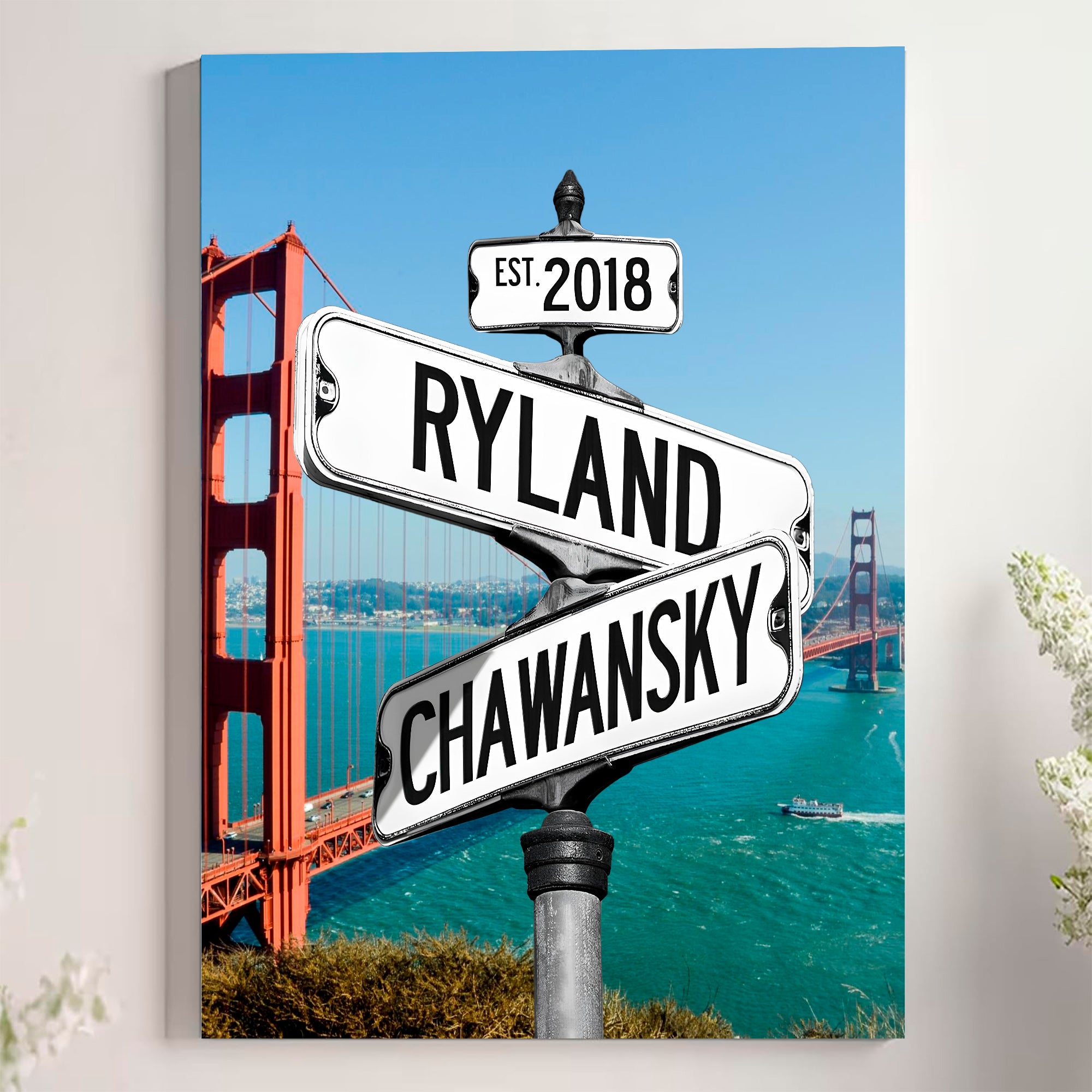 Couple's Name and Date Poster Wall Art Print Canvas on Street Sign Golden Gate