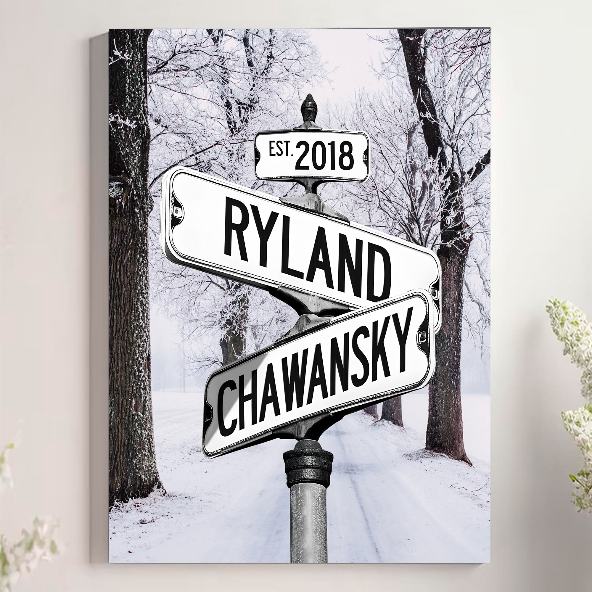 Couple's Name and Date Poster Wall Art Print Canvas on Street Sign Winter Wood