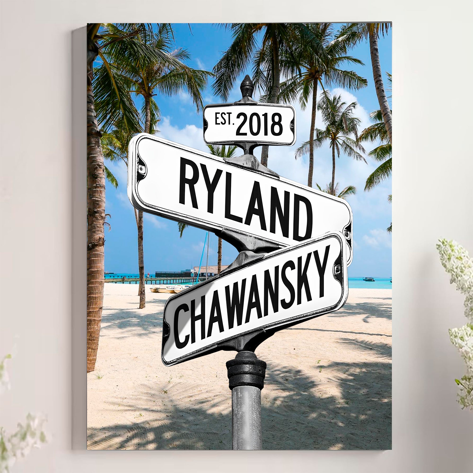 Couple's Name and Date Poster Wall Art Print Canvas on Street Sign Palm Beach