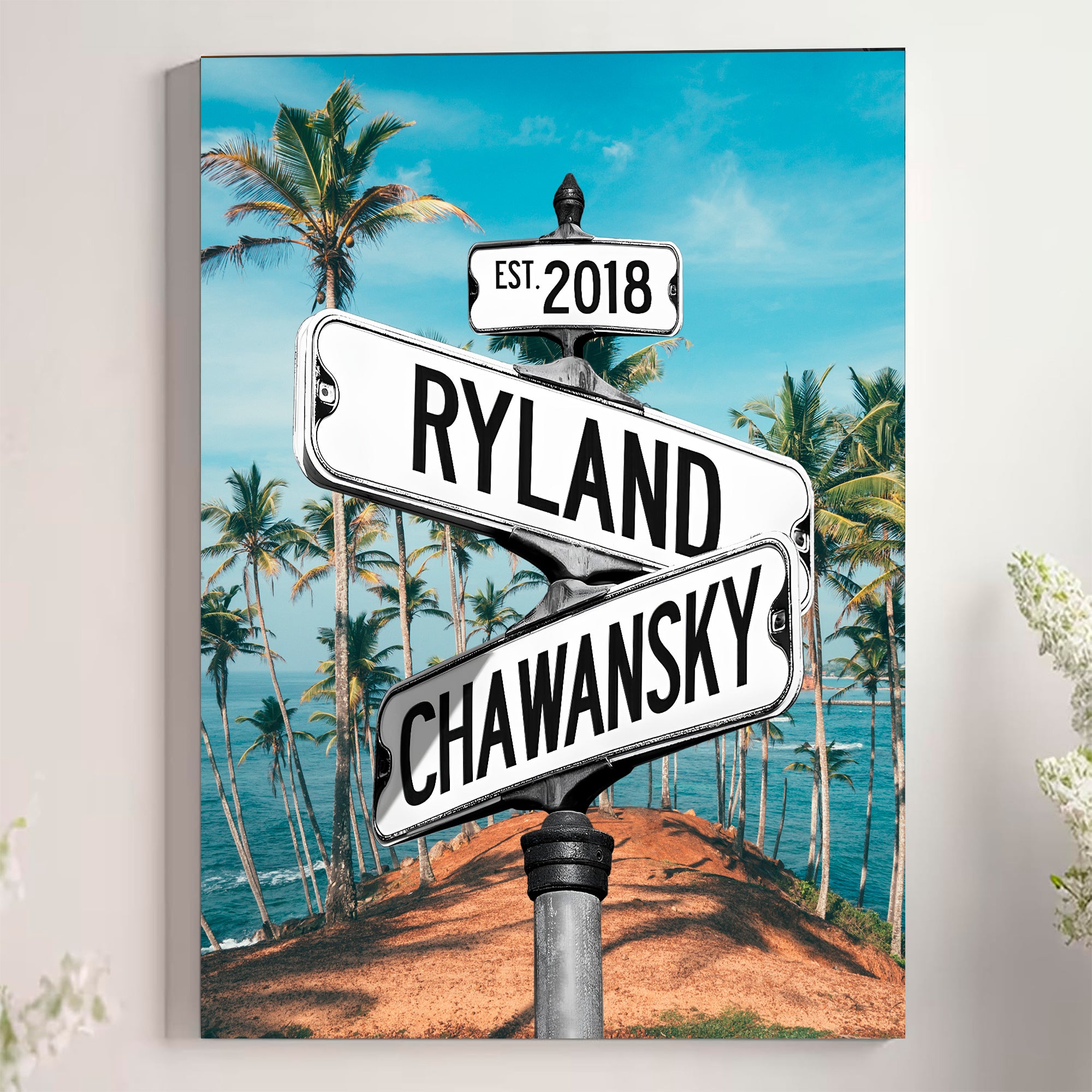 Couple's Name and Date Poster Wall Art Print Canvas on Street Sign Beach