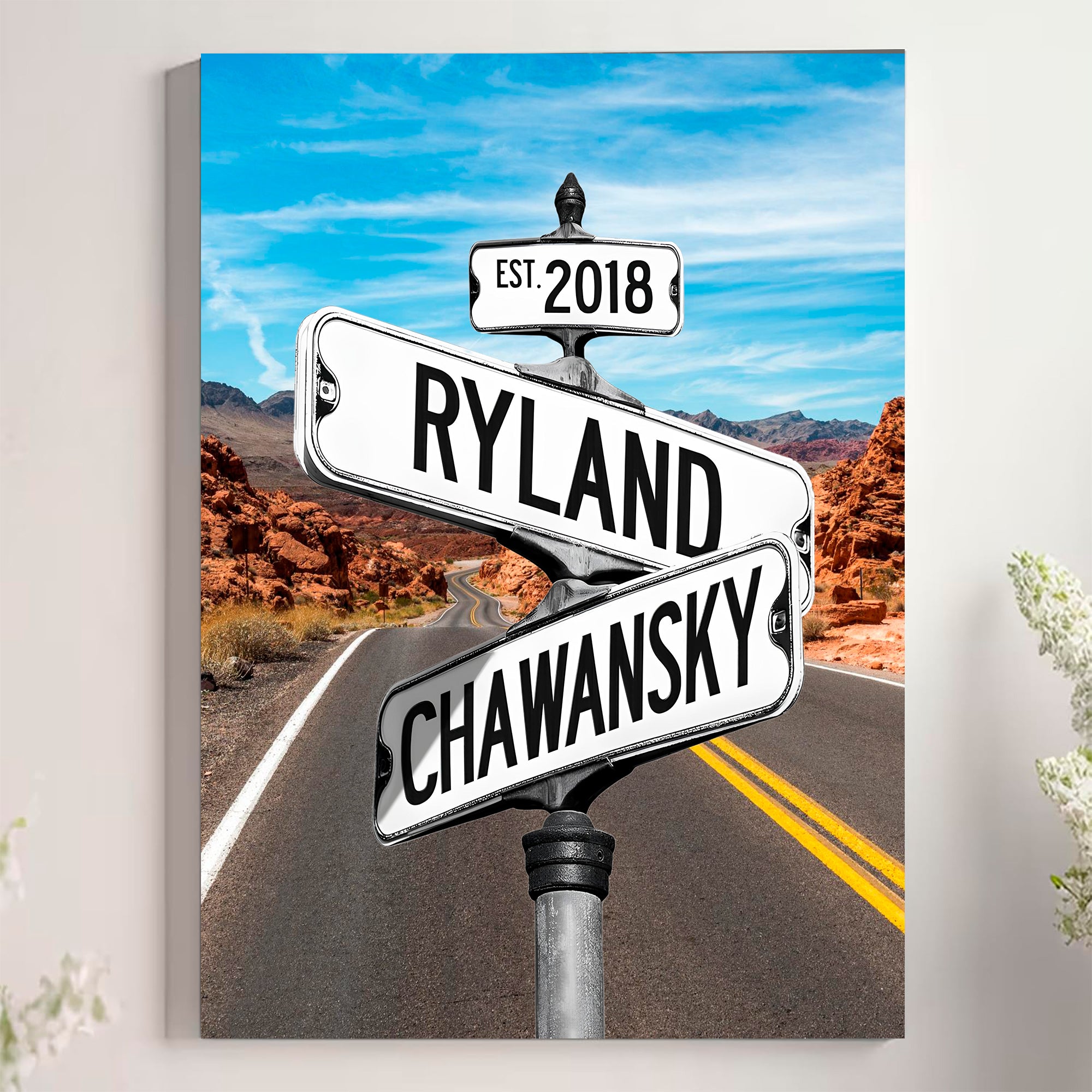 Couple's Name and Date Poster Wall Art Print Canvas on Street Sign Road